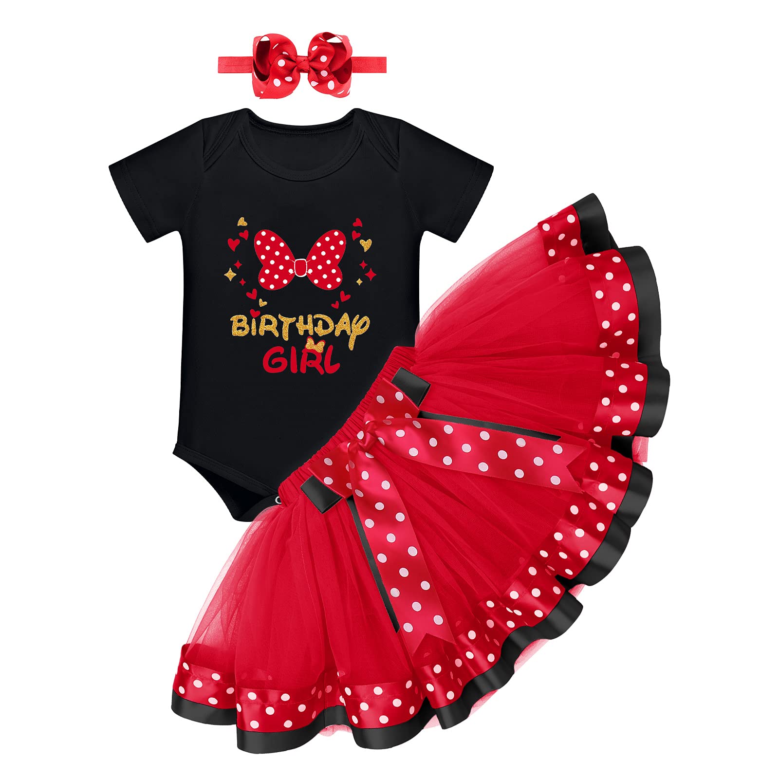 Mouse 1st Birthday Outfit Baby Girls Romper Polka Dots Mini Tutu Skirt Headband 1 Year Old Cake Smash Photo Shoot I’m One Toddler First Mouse Themed Birthday Party Supplies Black+Red Bowknot 1T