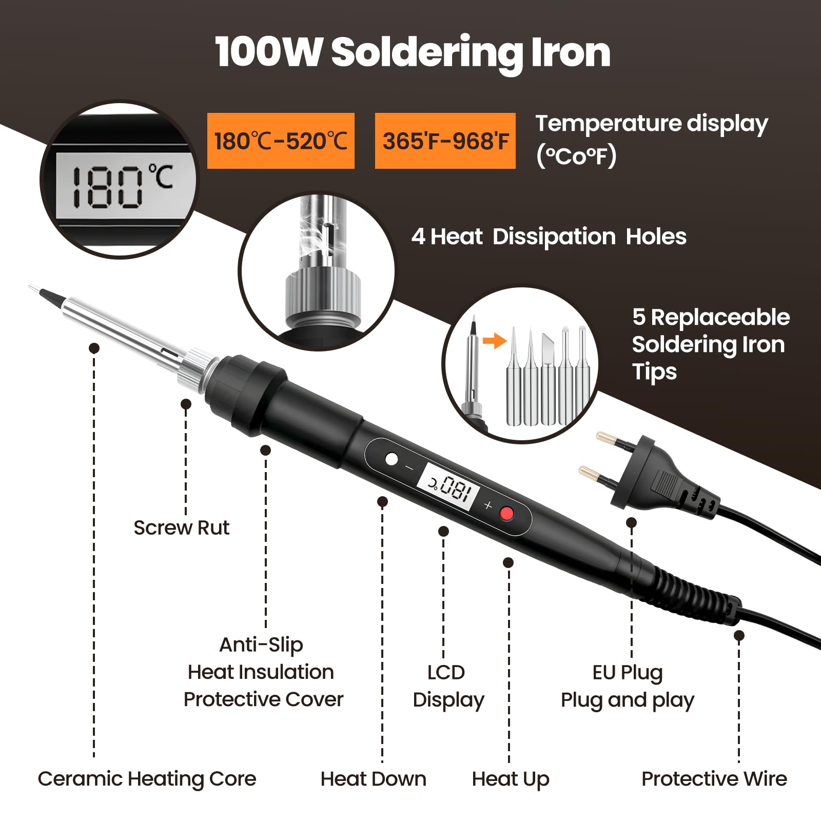 Fer à Souder 100W – Régulation de Température LCD de 180° à 520°C,Kit de Soudure 16-en-1 avec 50g d'Étain, 5 Pointes de Soudure,Pompe à Désouder,Support de Fer et Pince – pour Électroniques