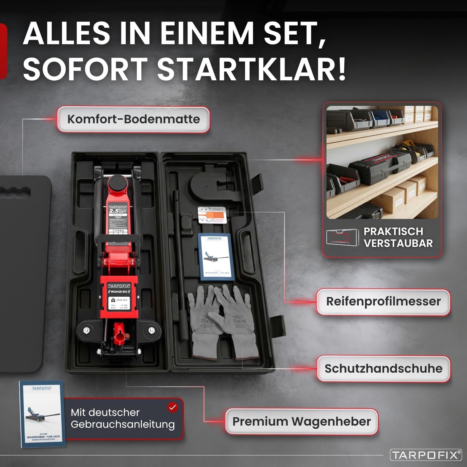 Tarpofix® Wagenheber 2,5t hydraulisch (85-380 mm Hubhöhe) | Premium-Komplettset Rangierwagenheber 2,5t mit Koffer | Hydraulischer Wagenheber flach für SUV & tiefergelegte Autos | Rot