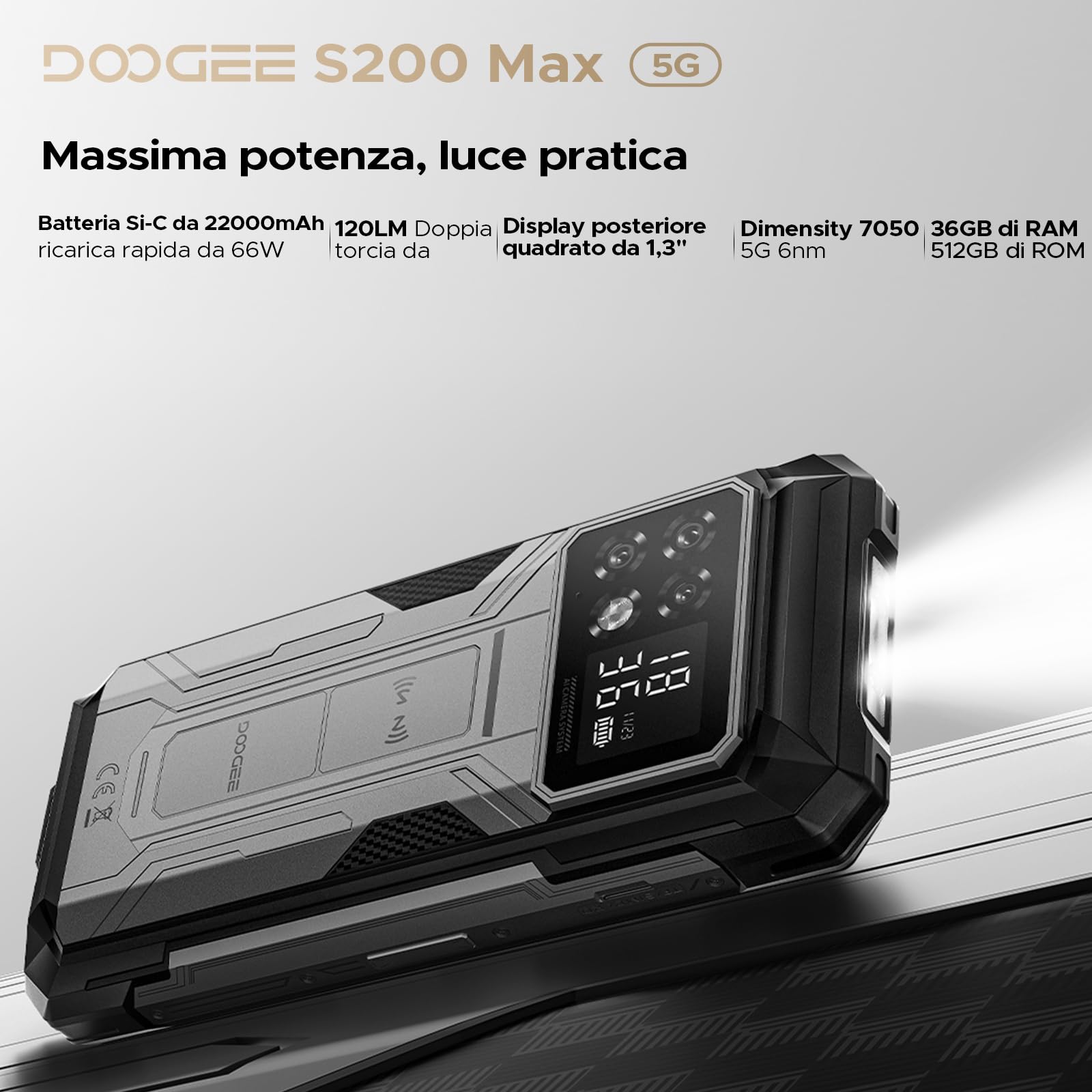 DOOGEE S200 Max 5G Rugged Smartphone Android 15, 1.3" IPS Rear Display, 6.72" 120Hz 36GB+512GB/TF 2TB Telefono Indistruttibile, 22000mAh/66W, Dual Light Flashlight, 108MP/Fingerprint/Face ID/OTG/NFC
