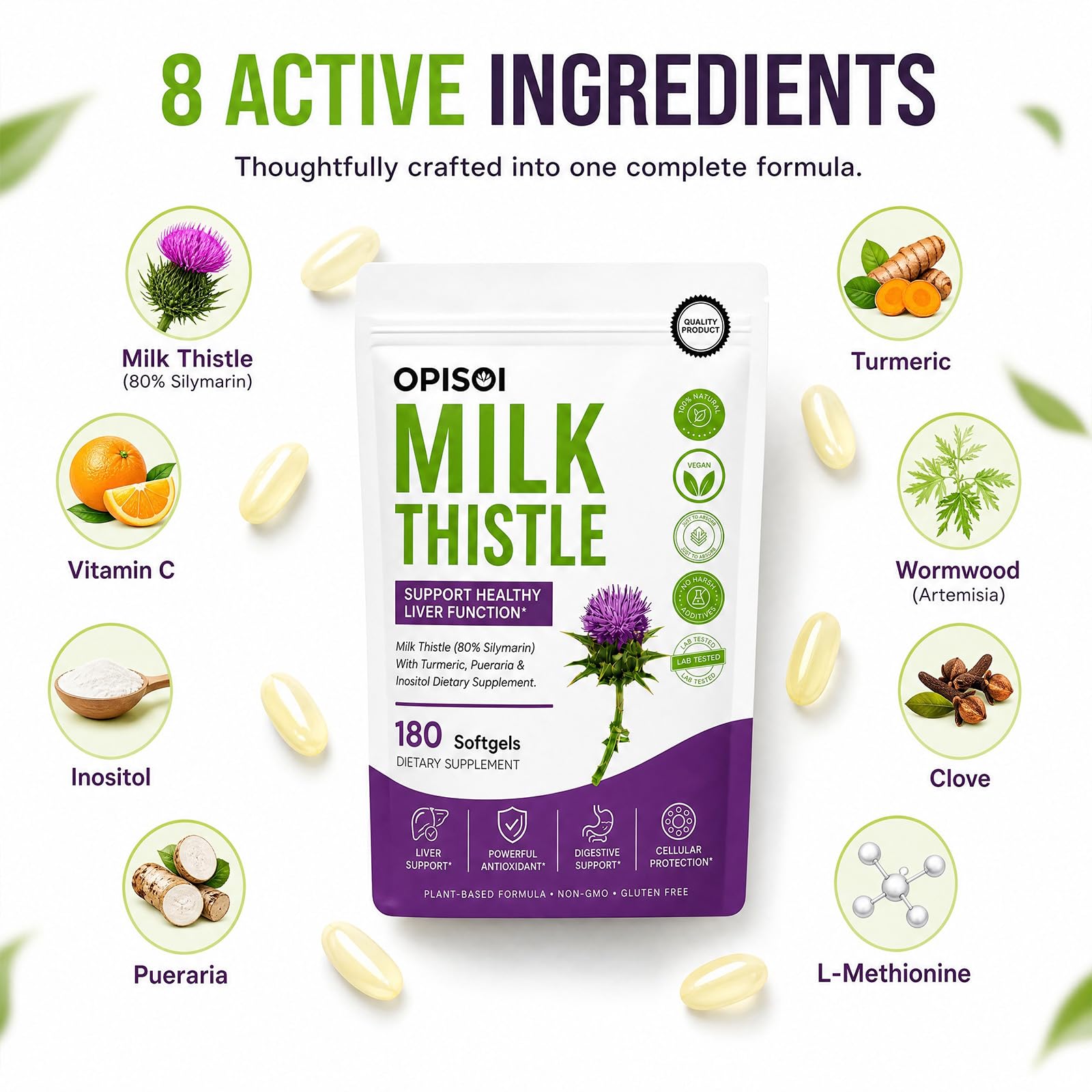 Milk Thistle 80% Silymarin Softgels with Turmeric Pueraria Inositol, Liver Antioxidant Supplement, Non‑GMO Gluten‑Free, 180 Softgels — Amazon image 2