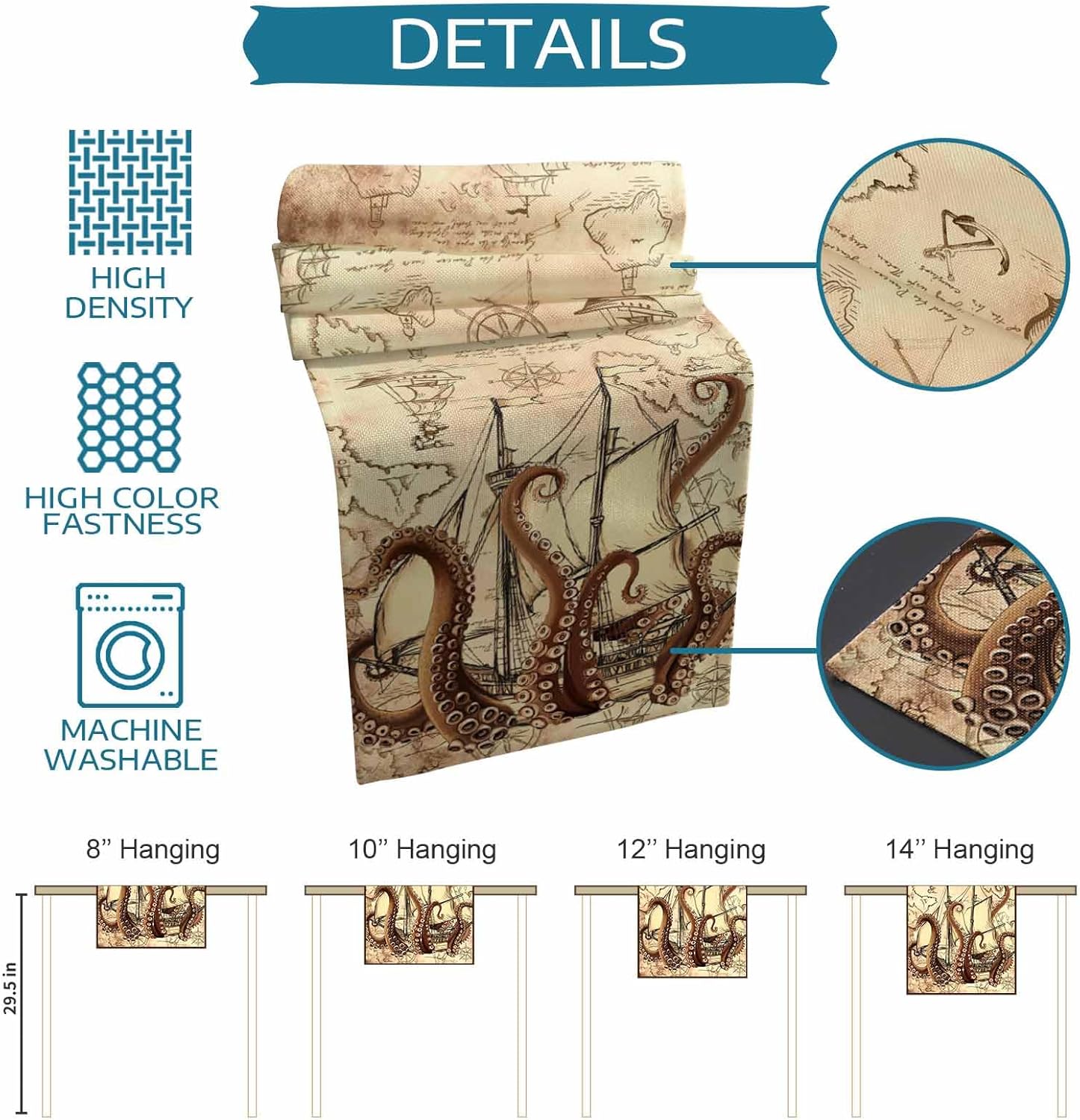 Rustic Pirate Ship Octopus Table Runner 90 Inches Long for Dining Table Decor, Cotton Linen Washable Coffee Table Runners Dresser Scarf for Kitchen Party Holiday Nautical Map Coastal Brown