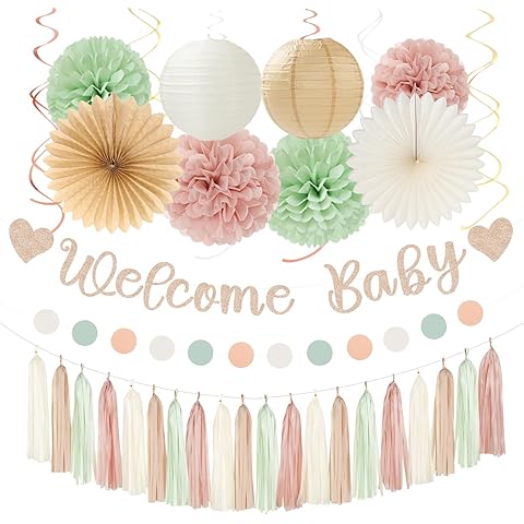 Sage-Green Pink-Beige Baby-Shower Party-Decorations - 36pcs Welcome Home Banner Sign,Girl Paper Lanterns,Neutral Streamers Garland,Boho Tissue Pom Poms Flowers Fans Backdrop Decor Burgleda