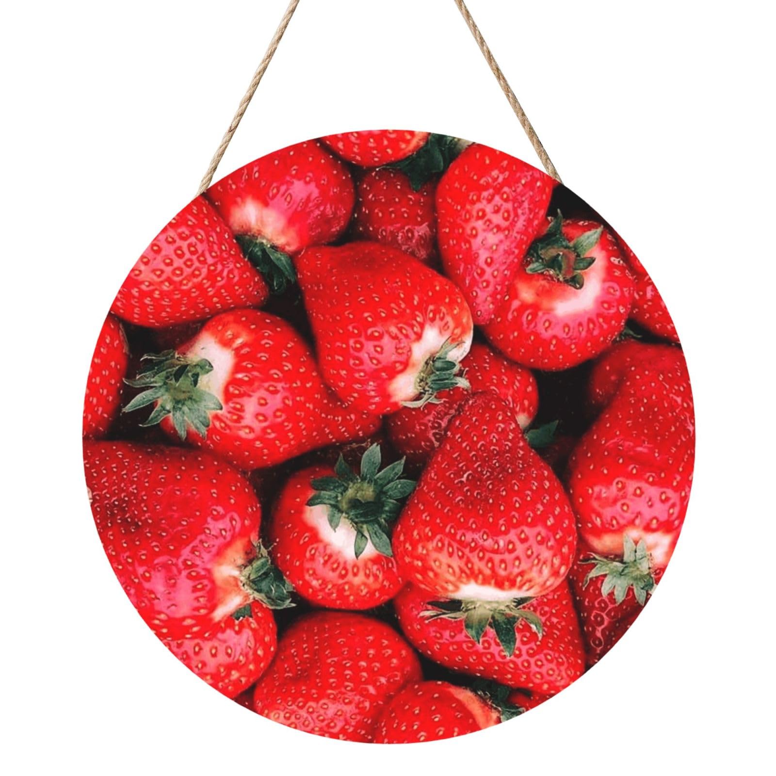 InOmak Red Strawberry, Round Wood Panel Painting 12 in, Wall Hanging Painting For Home