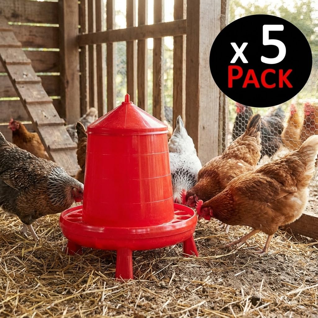 Suinga Pack 5 Tolvas Comedero con Patas para Aves y Gallinas de 4 Kg | 30x30x50 cm | Antidesperdicio y Resistente | Colgantes o Fijas | Color Rojo