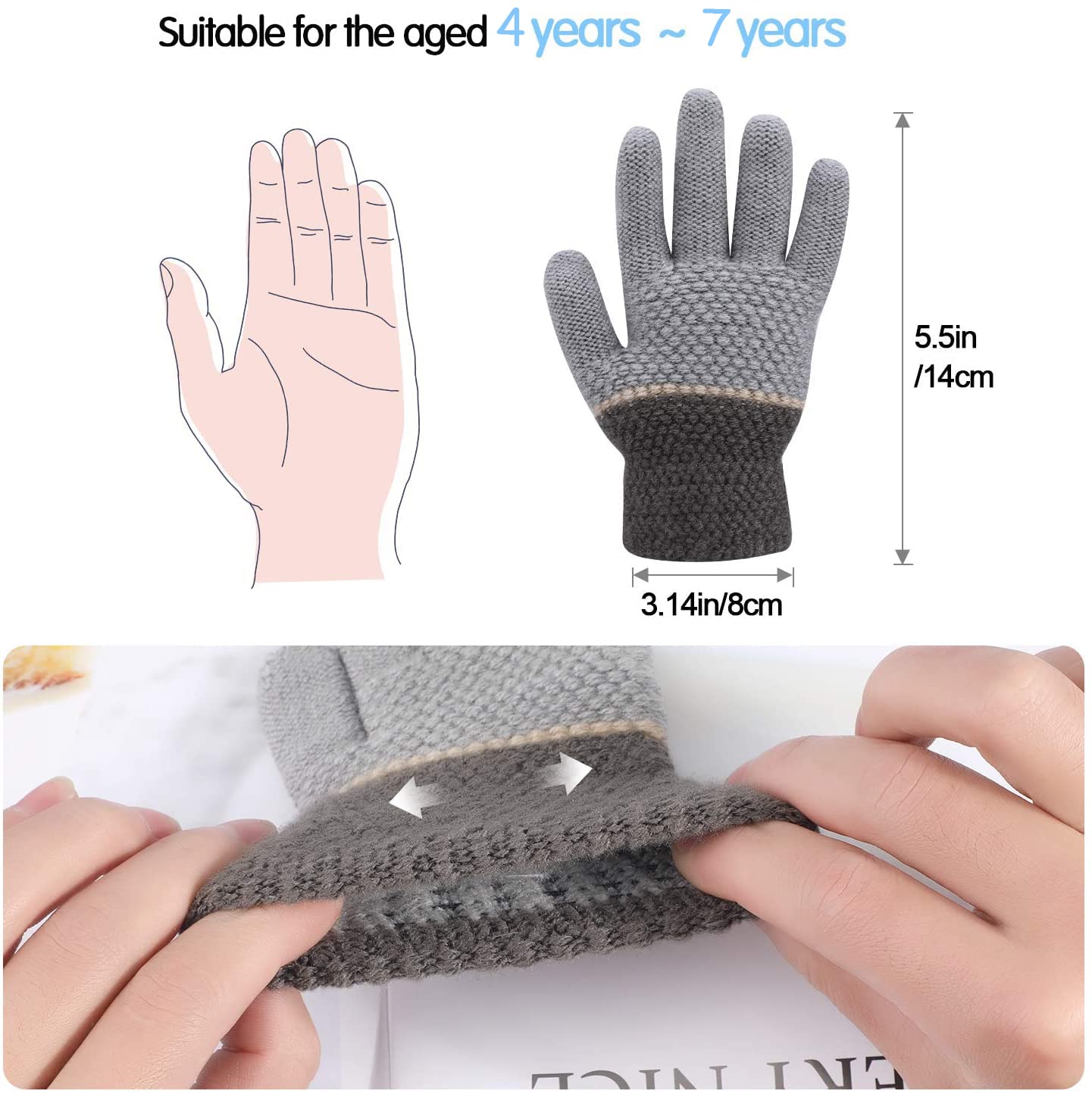 TAGVO Guantes de punto cálidos para niños pequeños, resistentes al viento, gruesos, térmicos, para niñas, niños, 3 pares para exteriores (de 4 a 7 años)