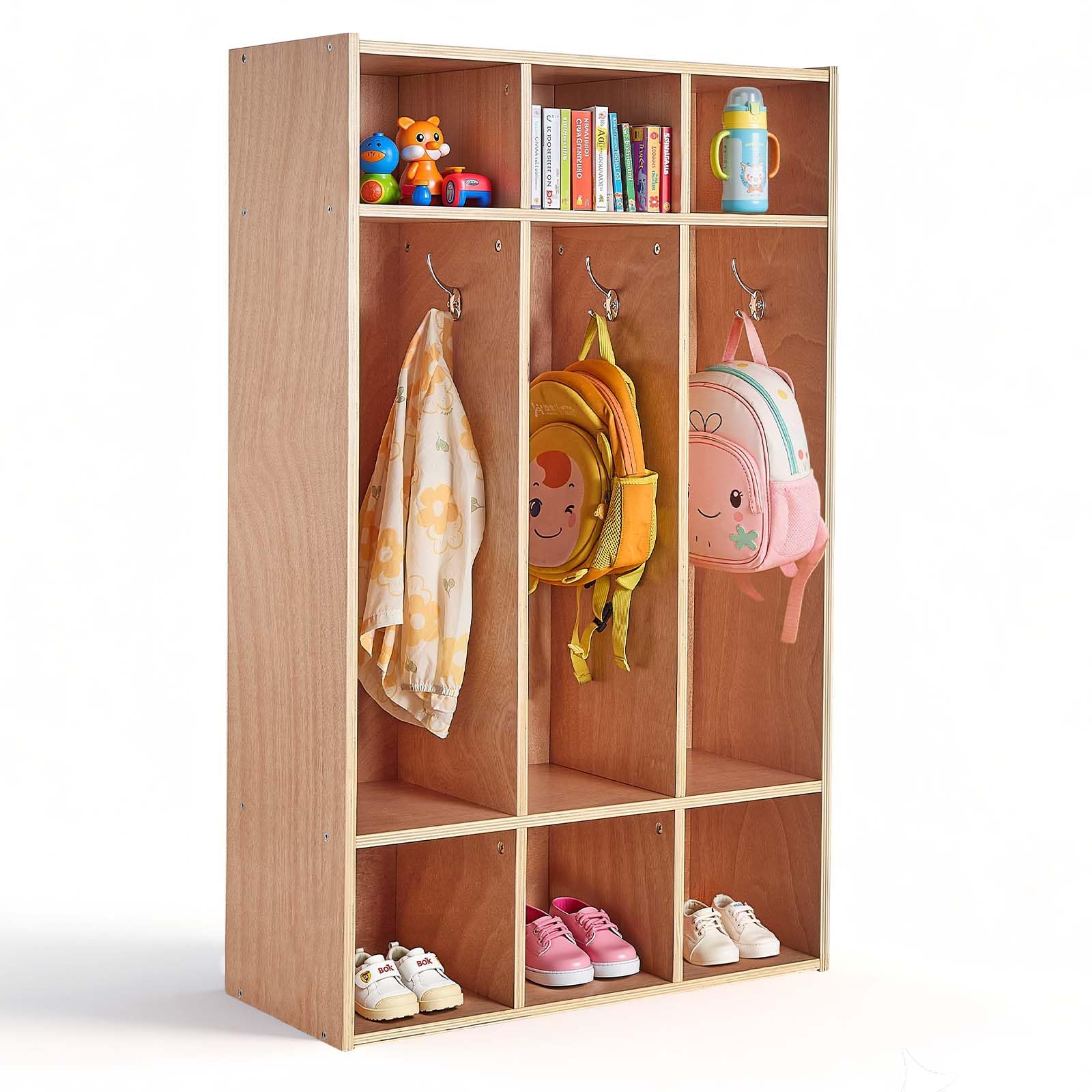 VEVOR Vestiaire 3 Enfants Ouvert, Penderie pour Enfants en Bois, Rangement pour Crèche Maternelle Garderie Maison, Meuble d'accueil Scolaire avec Casiers à Manteau et à Chaussures, Cases Supérieures