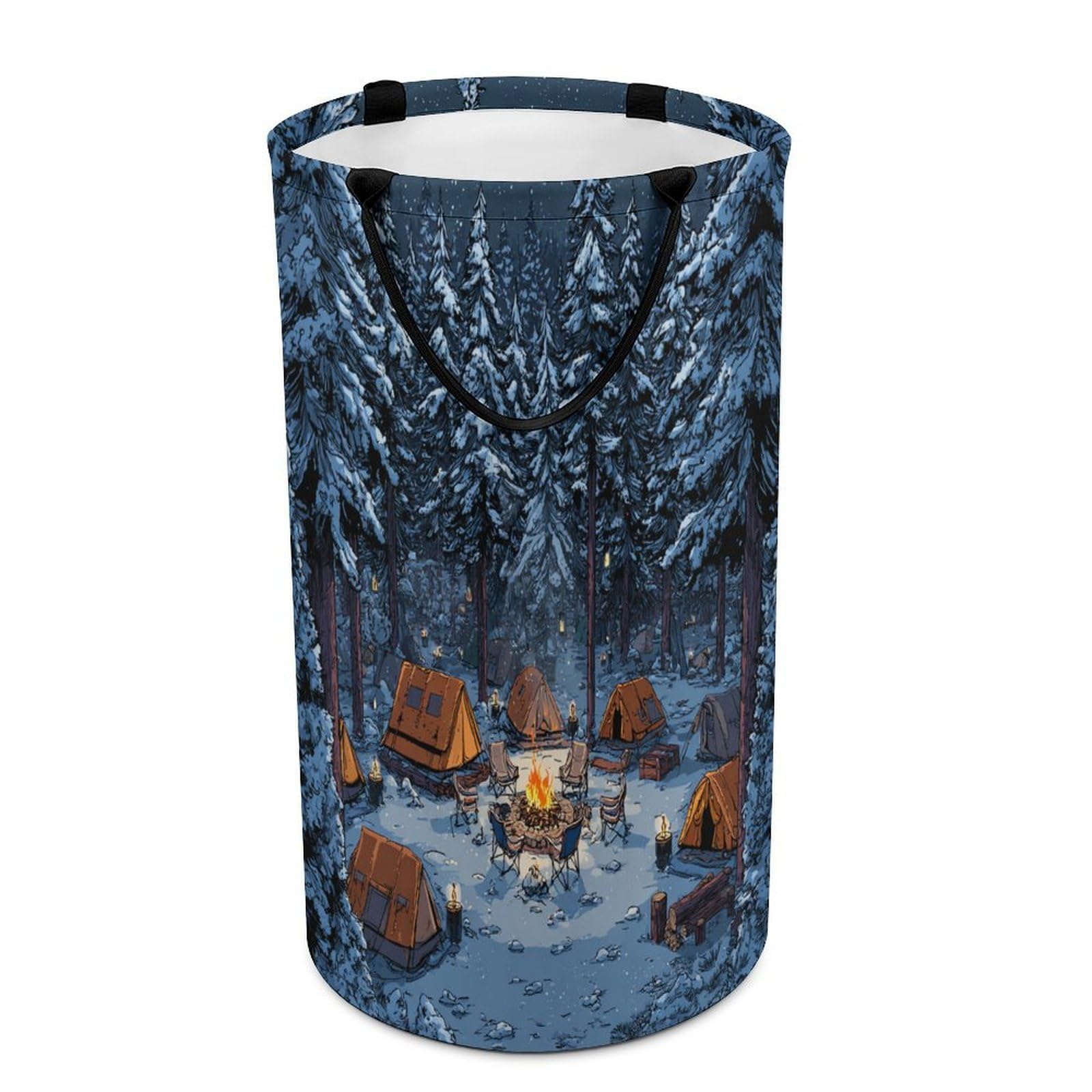 LUYYSKY Colorful Classic Winter Camping Collapsible Dirty Clothes Basket, Beautiful Rustic Snowy Forest Campfire Tent Pattern Portable Clothes Storage Basket