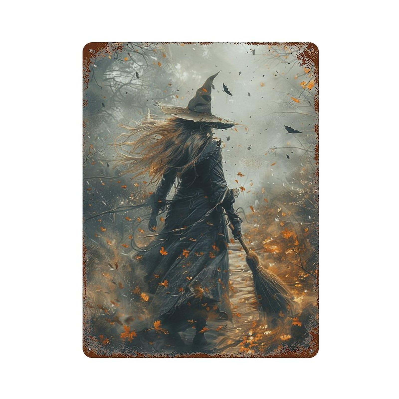 Halloween Witch with Broomstick Retro Metal Sign 15.7"x11.8", Farmhouse Wall Decor for Garage, Pub Or Kitchen