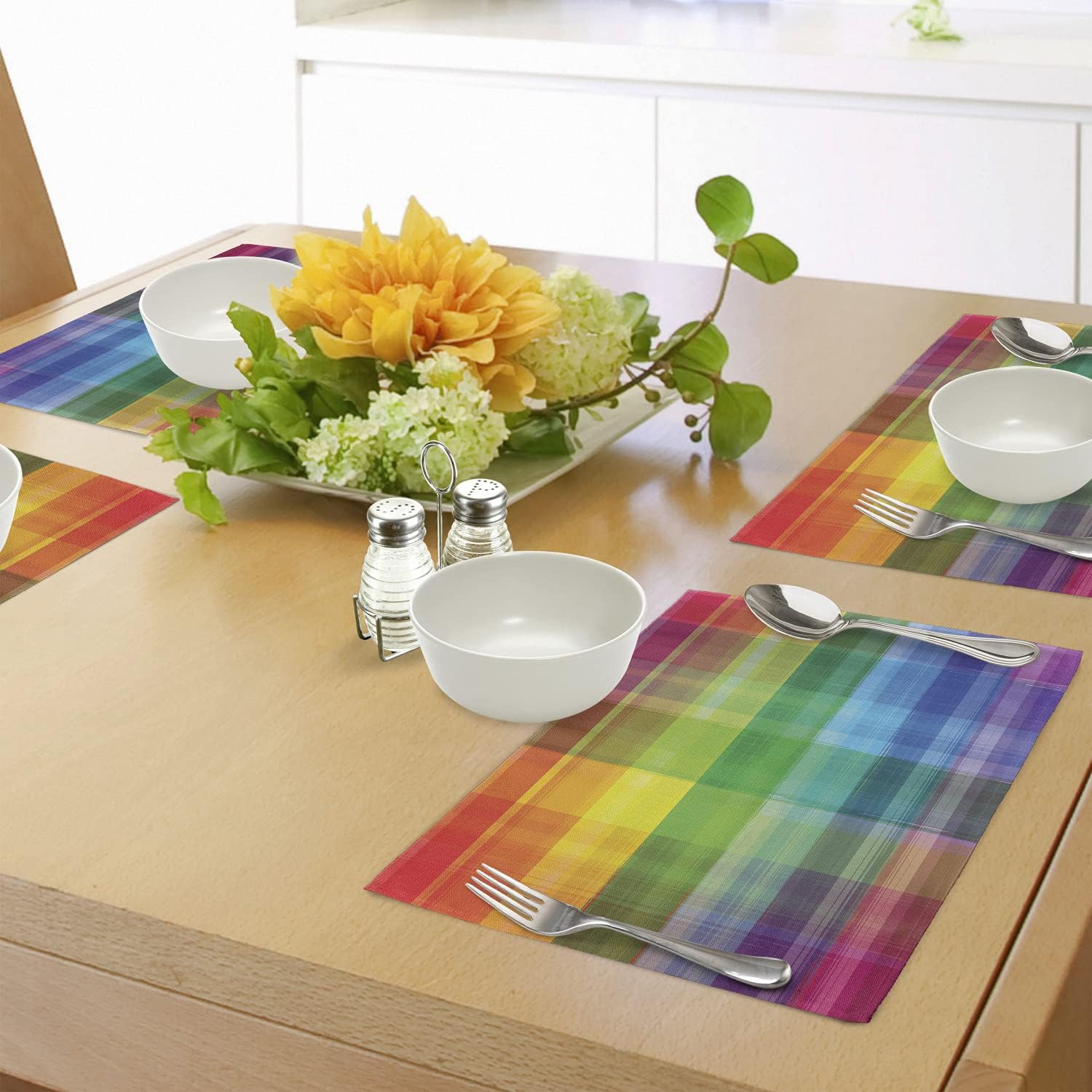 Ambesonne Vintage Rainbow Place Mats Set of 4, Retro Plaid Design Checkered Squares Rainbow Colored Geometric Pattern, Washable Fabric Placemats for Dining Table, Standard Size, Yellow Green