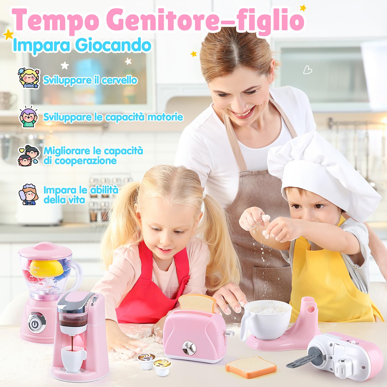 PLAY Accessori Cucina Bambini, Set di Accessori Cucina Giocattolo con Macchina Caffè Giocattolo, Mixer, Frullatore e Tostapane con Luci e Suoni, Kit Elettrodomestici Cucina per Bambini da 3+ (Rosa)
