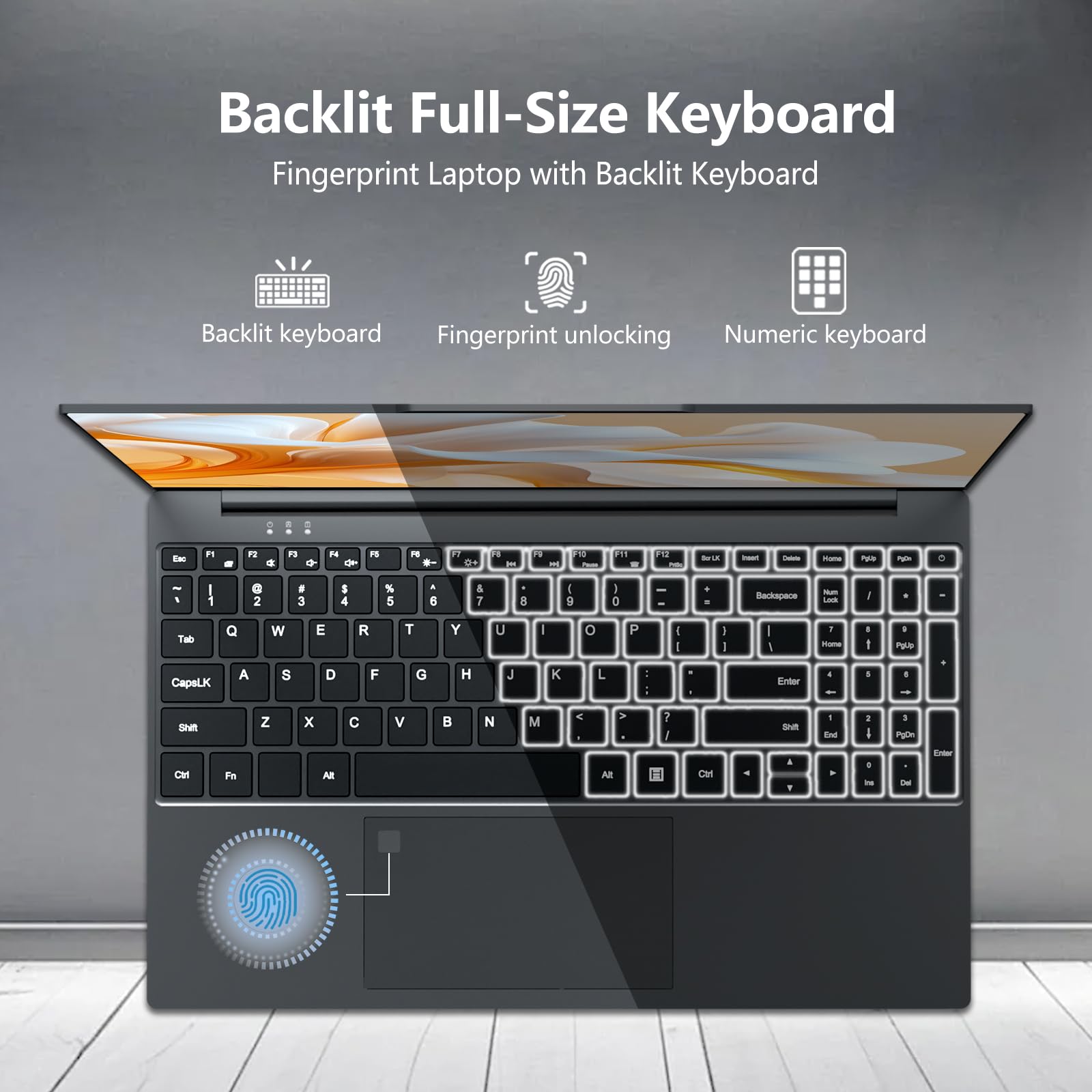 15,6 Pouces Ordinateur Portable, Win 11 PC Portable 16Go RAM DDR4 512Go SSD, CPU Twin Lake-N150, Clavier Rétro-éclairé+Déverrouillage Empreinte, Laptop1080P Écran, WiFi5+Mini-HDMI+USB3.0+BT4.2+Webcam
