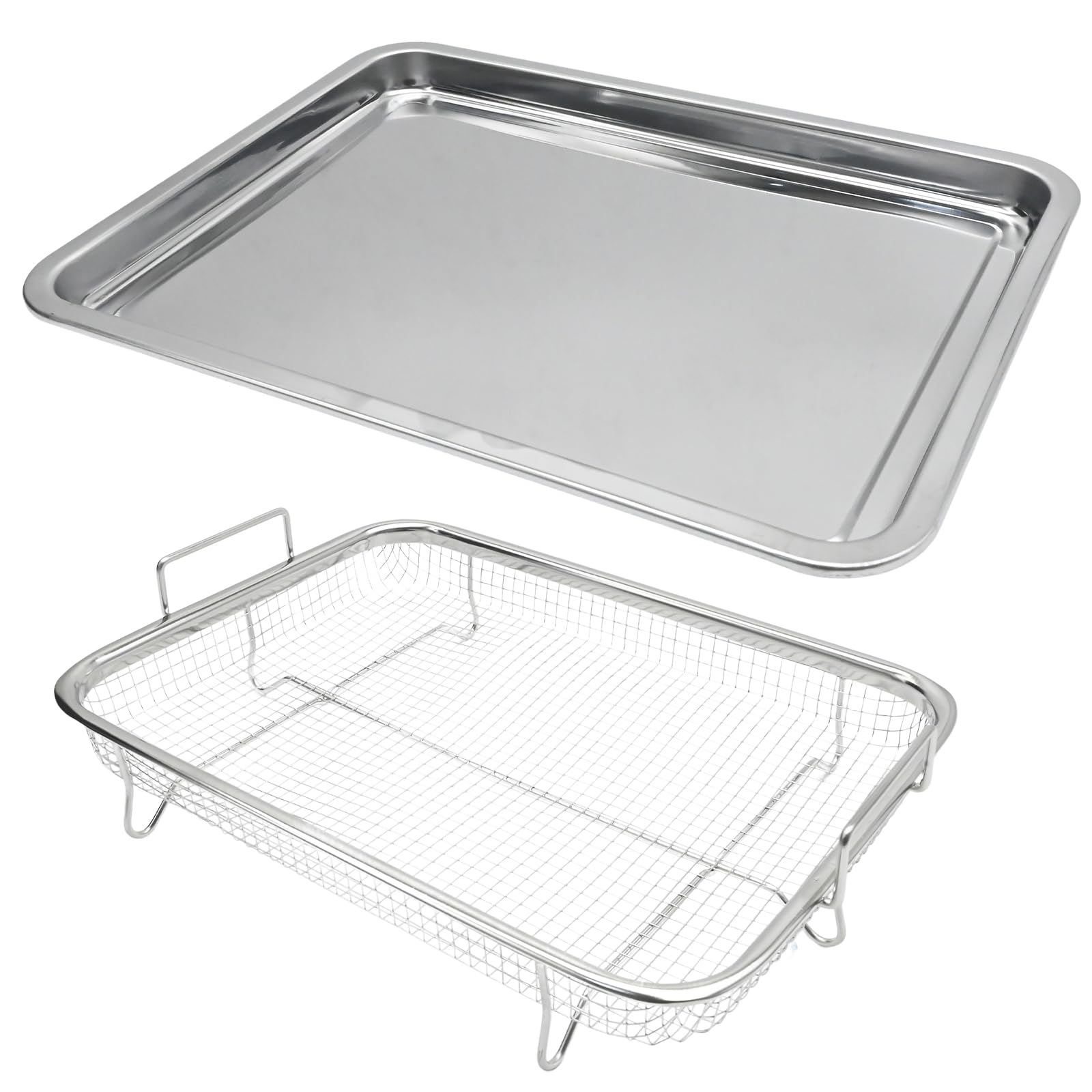 Hoypeyfiy Stainless Steel Oven Crisper Tray and Basket Set, 13"x9.6"x3.1" Non-Stick Air Fryer Pan, Ideal for Baking Crispy Chicken, French Fries, and Onion Rings
