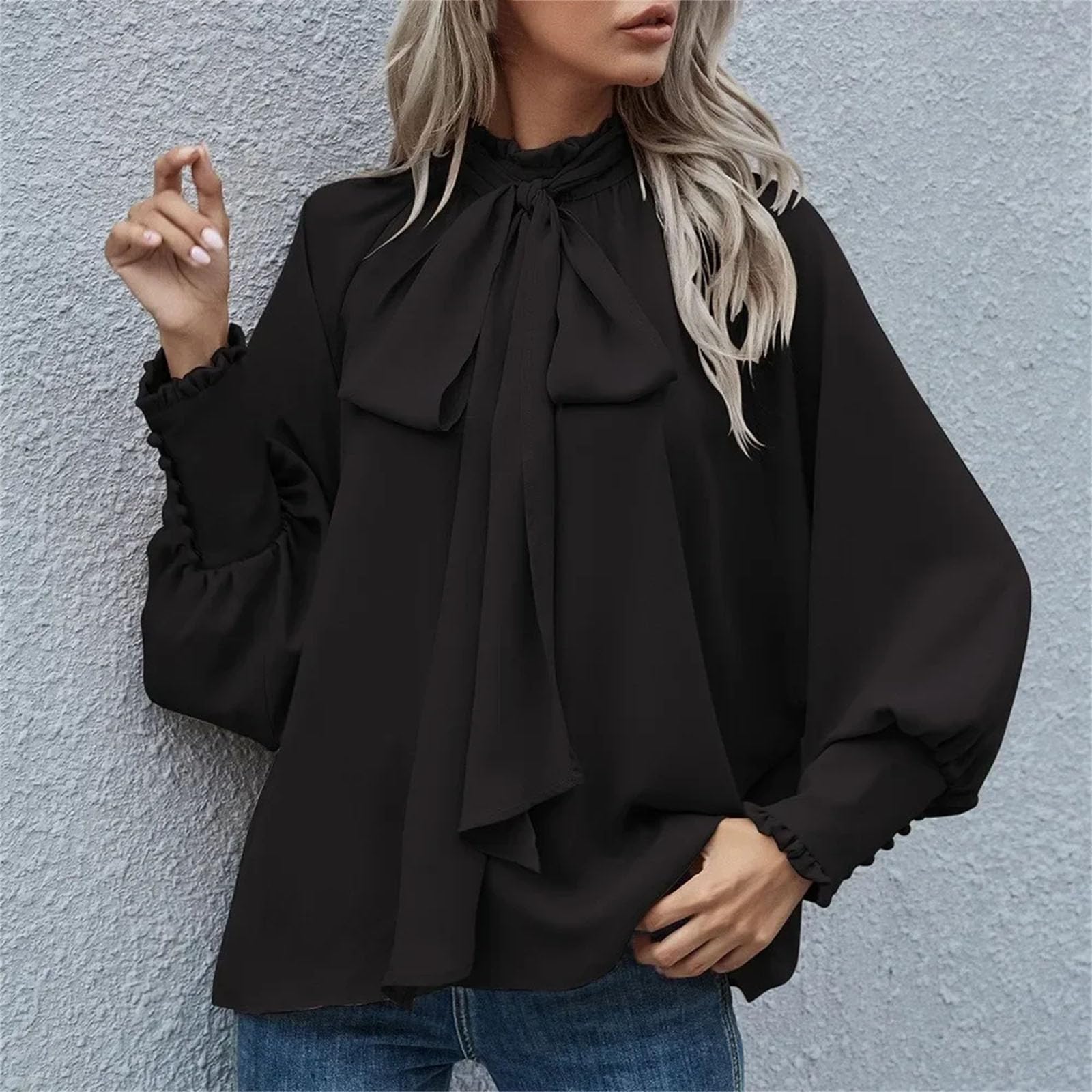 Camicia da donna a collo alto con fiocco e maniche a bolle allentata elegante top con scollo rotondo per abiti casual quotidiani