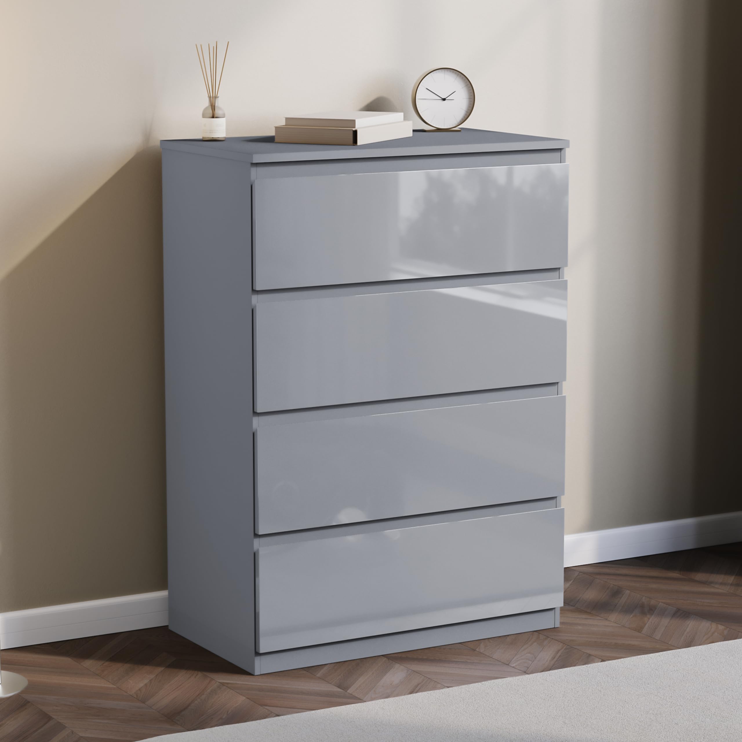Vida Designs Glinton 4 Drawer Chest of Drawers | Grey | 95.5H x 70W x 40D cm | Stylish High-Gloss | Space-Saving Storage | Smooth Metal Runner | Easy Assembly | Modern Bedroom Furniture Unit