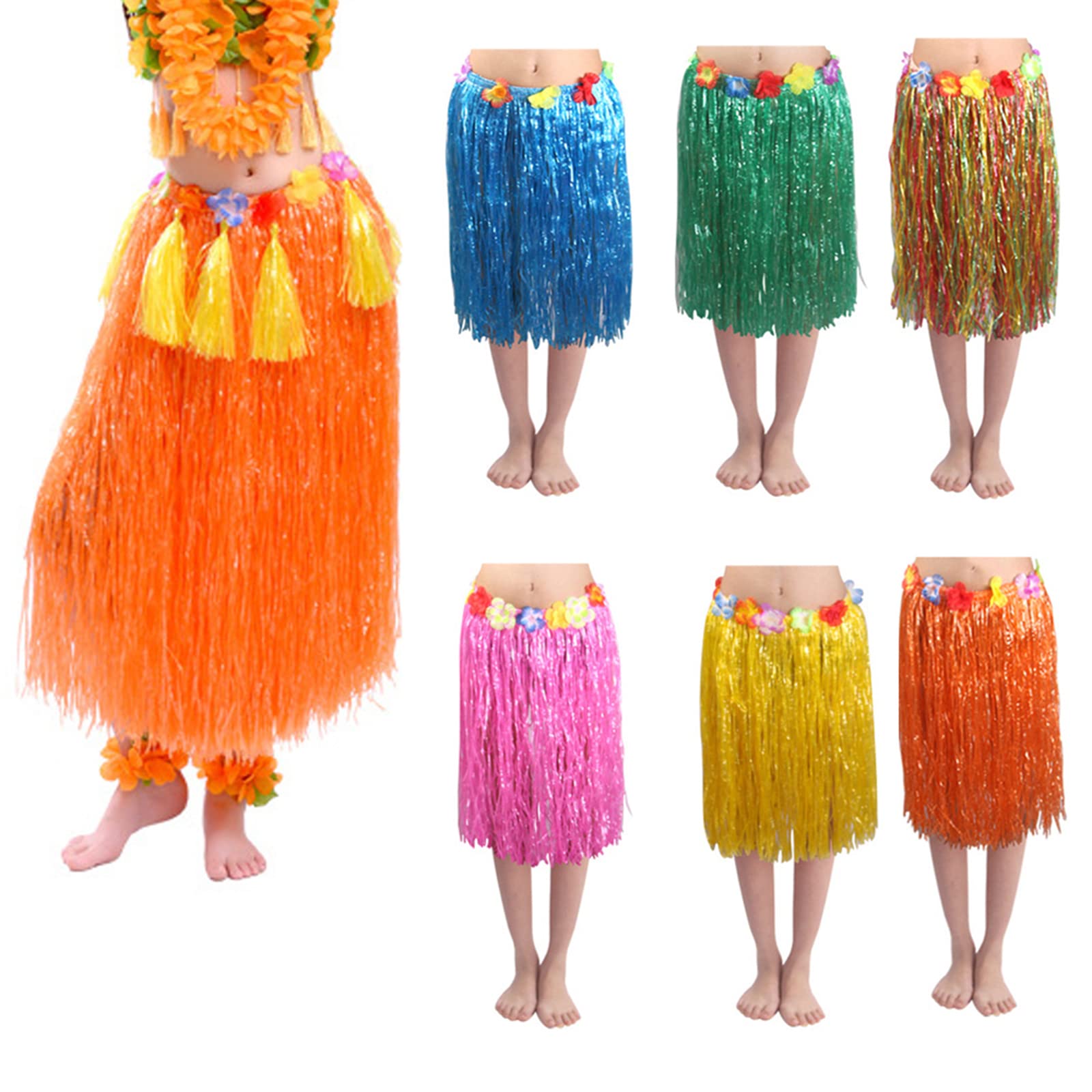 6 Pièces Jupe Hawaienne 60 cm Longue Herbe Élastique Hawaii Hula pour Femmes Filles, Luau Décoration de Fête Costume, Fête sur Plage, 6 Couleurs