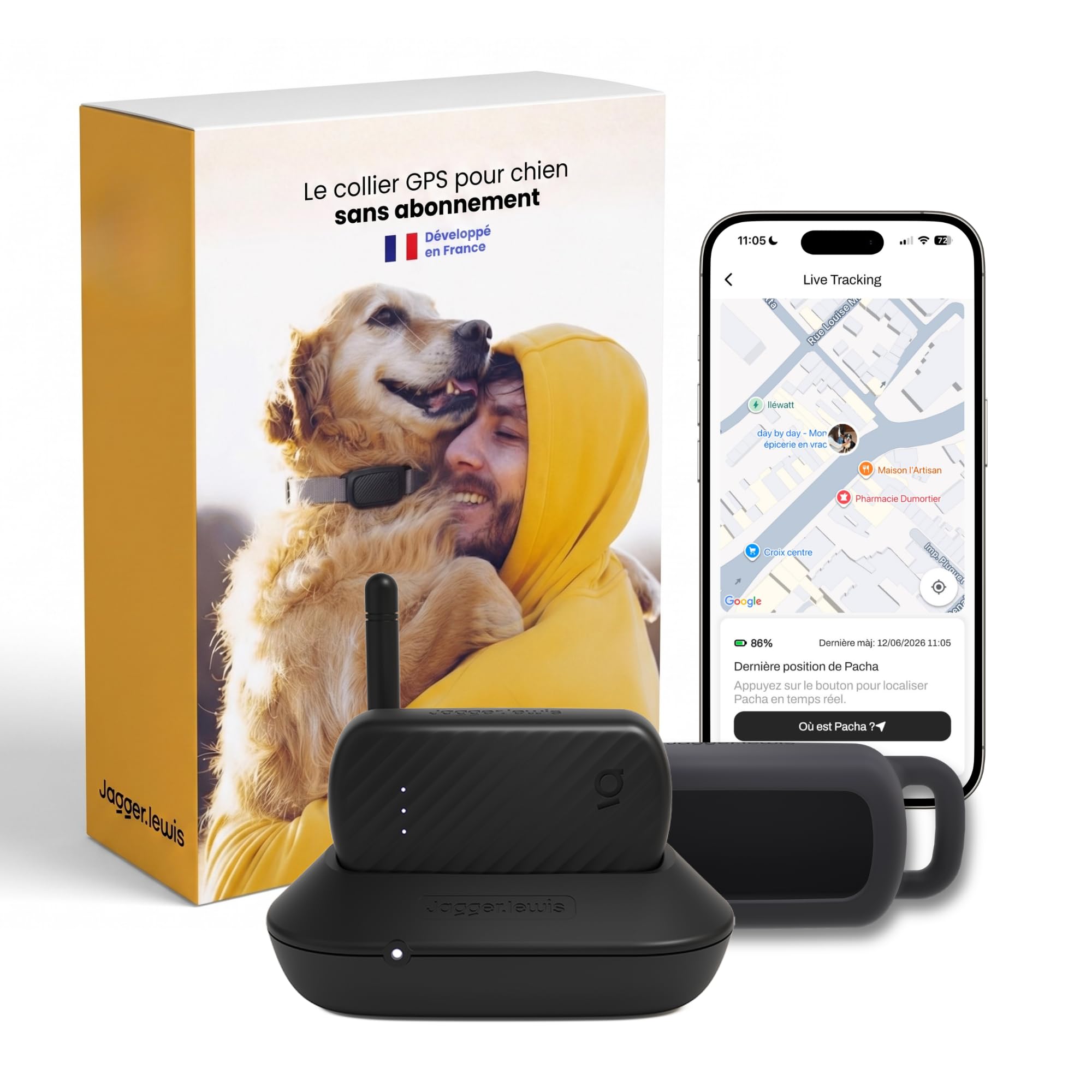 Jagger Lewis GPS pour Chien sans Abonnement | Localisation GPS en Direct | Alertes Anti-Fugue | Suivi Activité et Bien-Être | Application iOS et Android (Charbon, avec Smartdock)