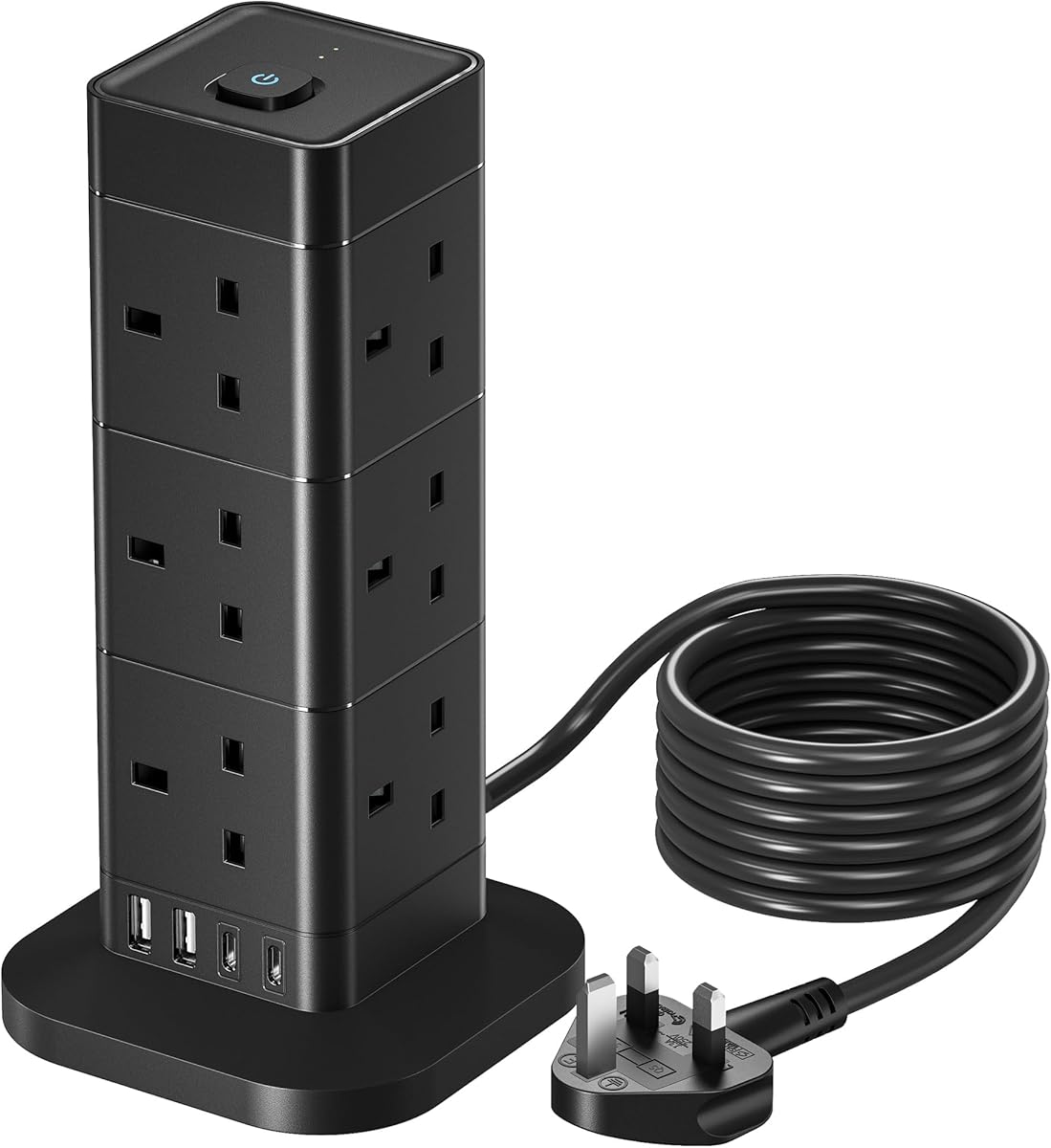 5M Tower Extension Lead with USB Slots, Hotimy 12 AC Outlets Surge Protected Extension Lead with 4 USB Ports Power Strip Multi Socket Plug Extension Black Extension Cords for Home, Office, Kitchen