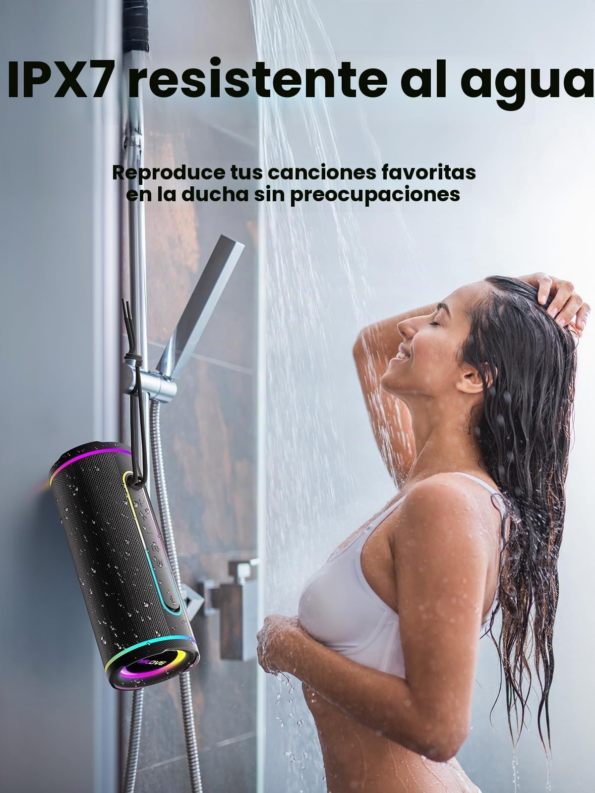 MLOVE E80 Altavoz Portátil Bluetooth Inalámbrico Impermeable RGB LED Luz True Wireless Stereo, Bluetooth 5.4, Bass Boost, Micro-SD, Jack 3,5mm, Carga Type C, Negro