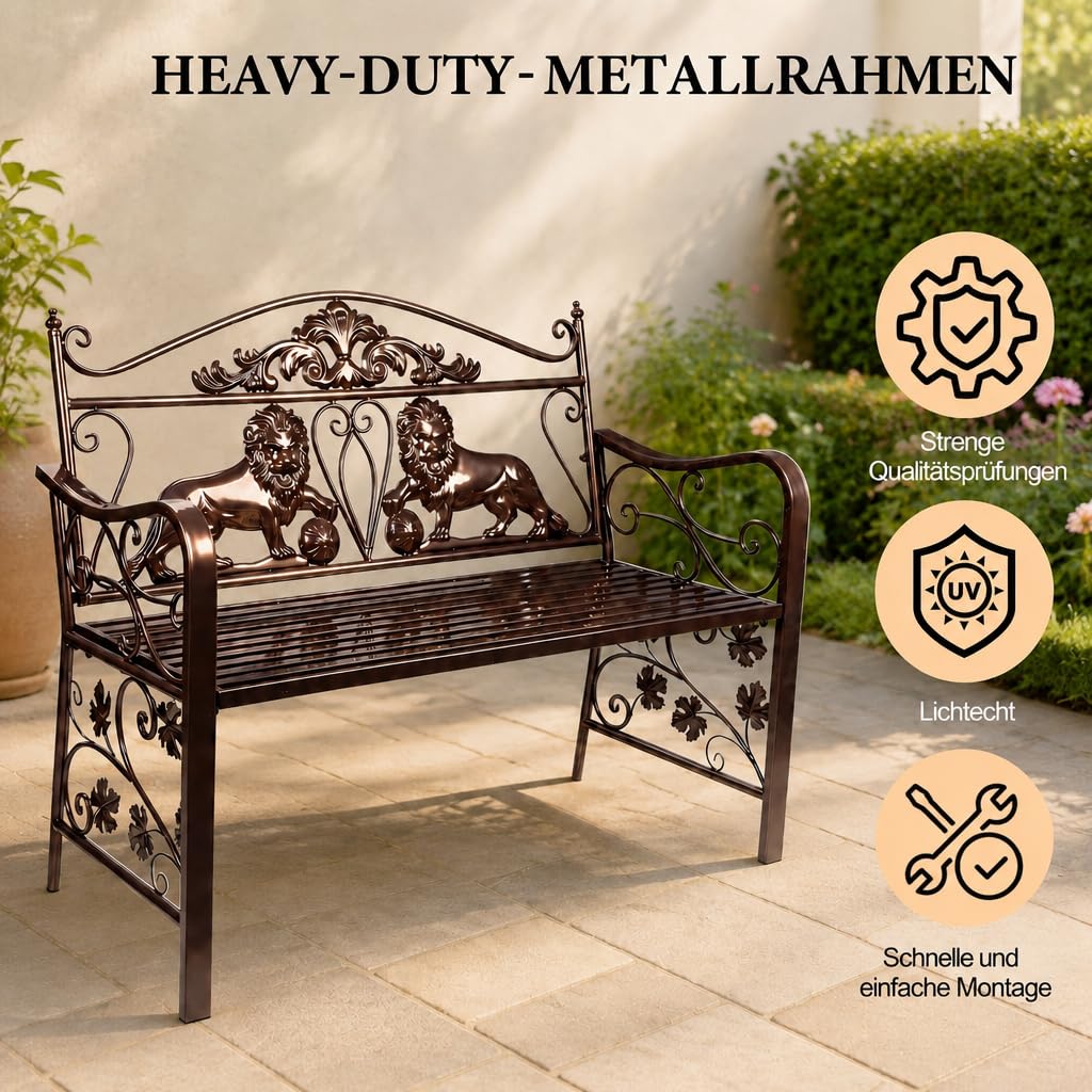 Gartenbank Metall, wetterfeste Parkbank, Ruhebank für 2-3 Personen, Vintage Sitzbank mit Löwen-Design und Rücken- & Armlehnen, für Garten, Balkon, Terrasse, Veranda & Hof – einfache Montage