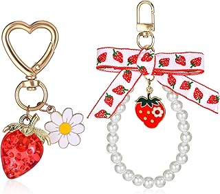 ストロベリーキーチェーンチャーム2個、ストロベリー装飾バッグチャームハートフラワーデイジーキーチェーンパースチャームパールボウカワイイカーキーチェーンストロベリーアクセサリーレディースガールズギフト, レッド, One Size