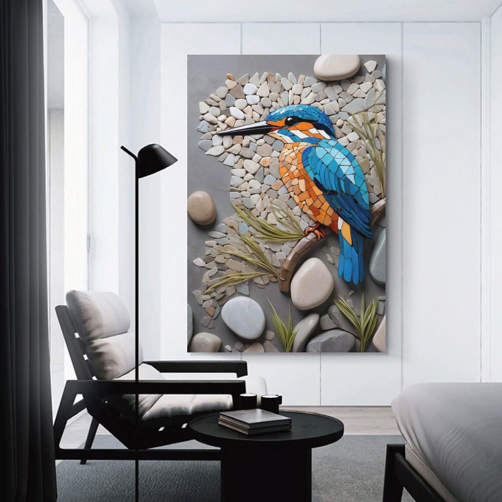Junmoney Kingfisher Mosaic Art with Stones Hanging Wall Art 24x36inch(60x90cm), for Restful Interiors, Bedrooms Or Small Rooms, Home Artwork with A Soft Interior Feel