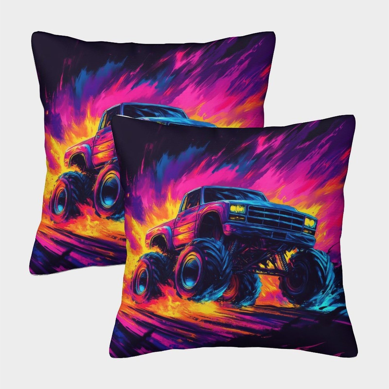 QFVANSIYO Neon Off Road 3D Printed Microfiber Pillowcase for Adults Teens Bedroom Monster Truck Pillow Cover Soft Washable Bedding 40x40cm