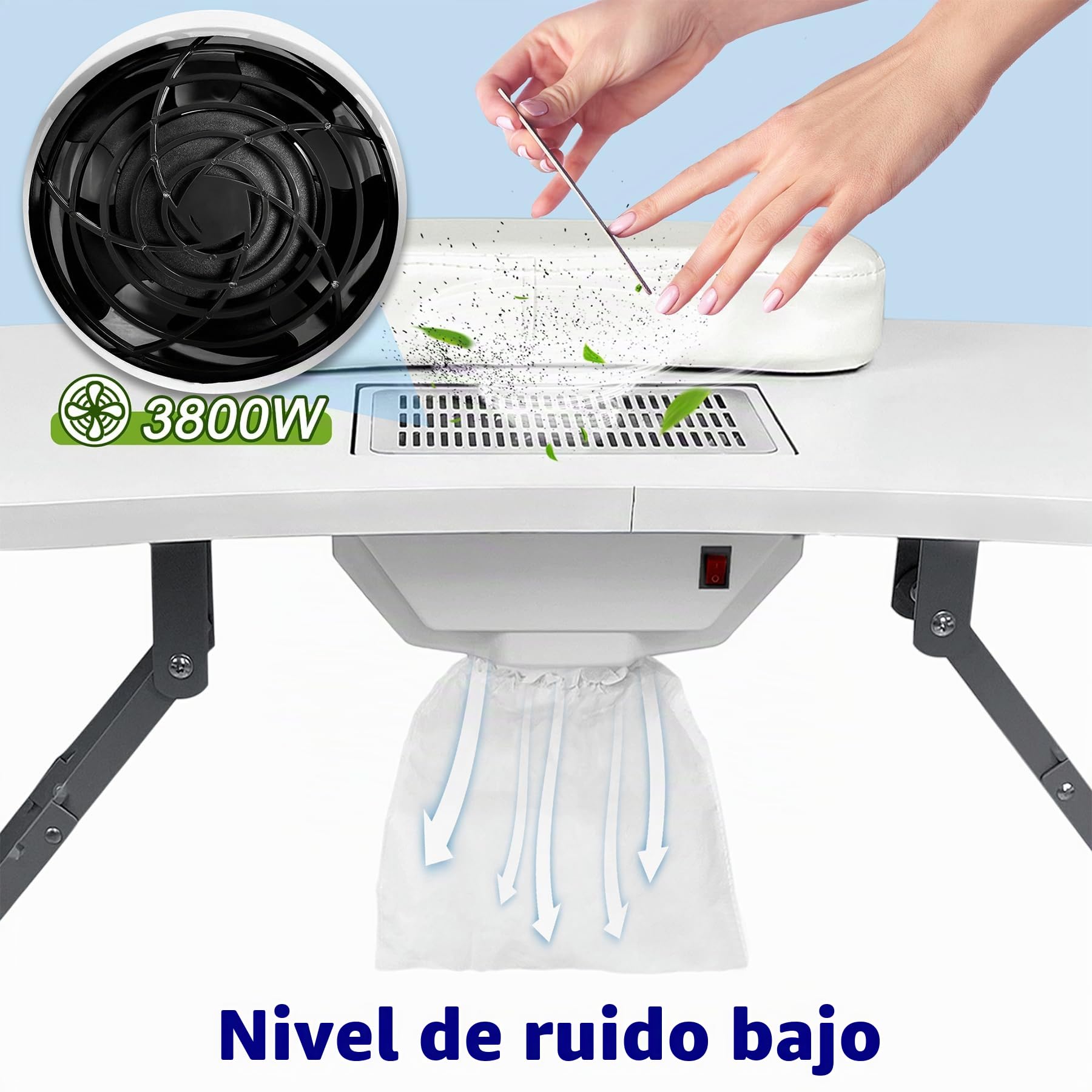 Froadp Mesa de Manicura Plegable Con Aspiradora, Móvil de Estudio Con Ruedas, Cojín para Manos, Cajón y Bolsa de Almacenamiento para Salón de Belleza (Blanco)