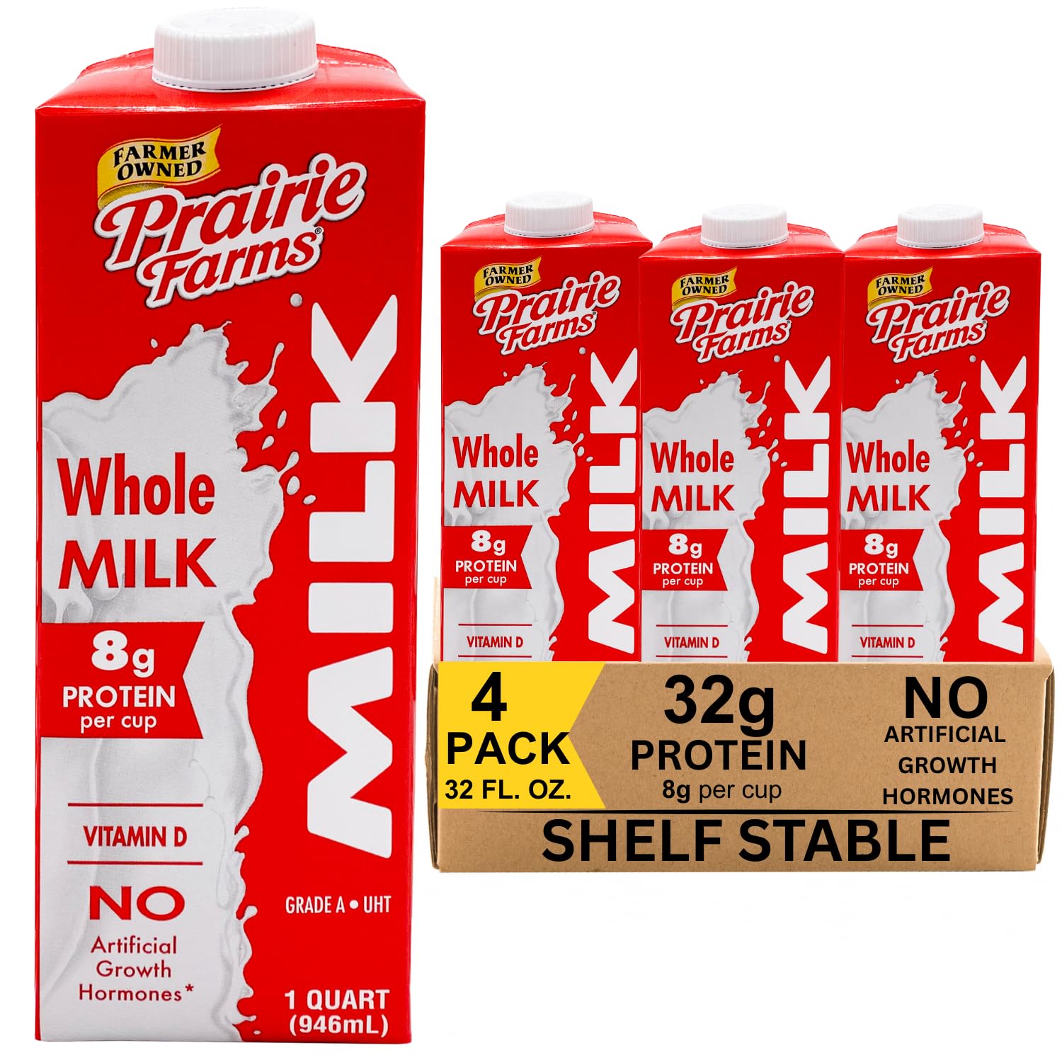 Prairie Farms Whole Milk, Shelf Stable, Boxed & Ultra Pasteurized (UHT), Vitamin D White Milk - Preservative and Hormone Free, Gluten Free, Kosher, Made in USA - 1 Quart (4 Pack)