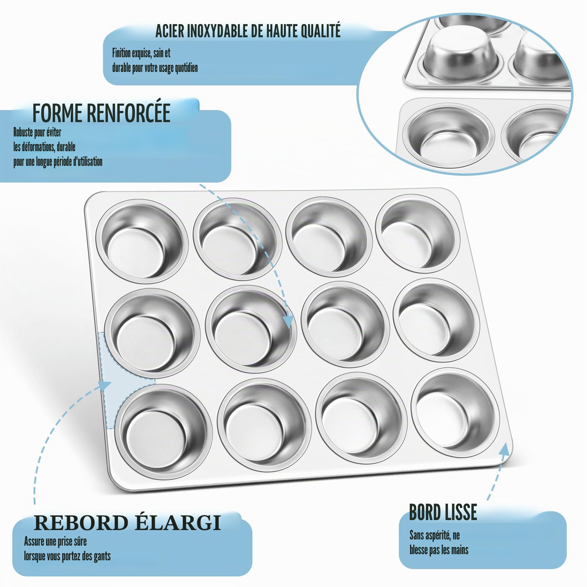 HaWare Moule à muffins en acier inoxydable pour 12 muffins, 35 x 26,5 cm, 3 cm de profondeur, grands moules à muffins pour cupcakes, brownies, gâteaux, pudding, non toxique et sain, passe au