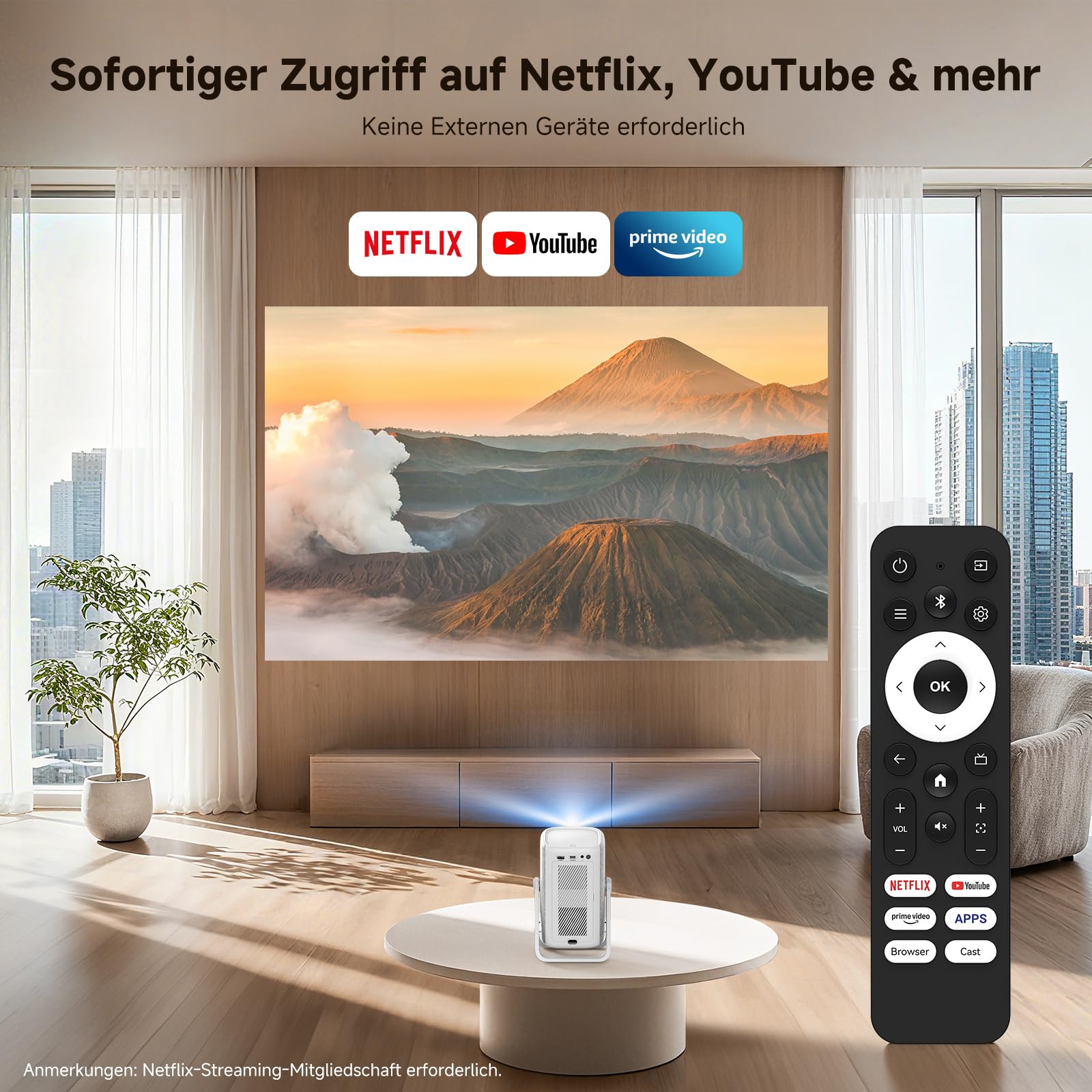 Beamer 4K mit Netflix, iSinbox 1200ANSI 4K Heimkino & Outdoor kurzdistanz Beamer, Smart projektor mit Dolby Audio, Autofokus & Trapezkorrektur, WiFi 6＆ Bluetooth 5.4, HDR10+, Dual-Mode Standfuß