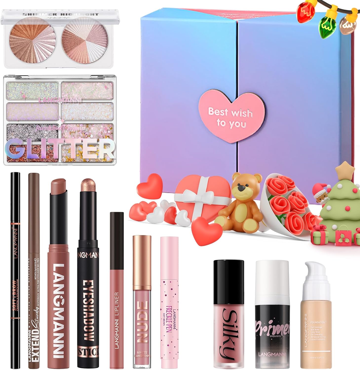 Beauty 12-Piece Holiday Gift Set, Complete Starter Cosmetic Set with Eyeshadow, Foundation, Lipstick, Blush, Eyeliner, Highlighter, Freckle Pen, Glitter Gel, Christmas Surprise Gift Set