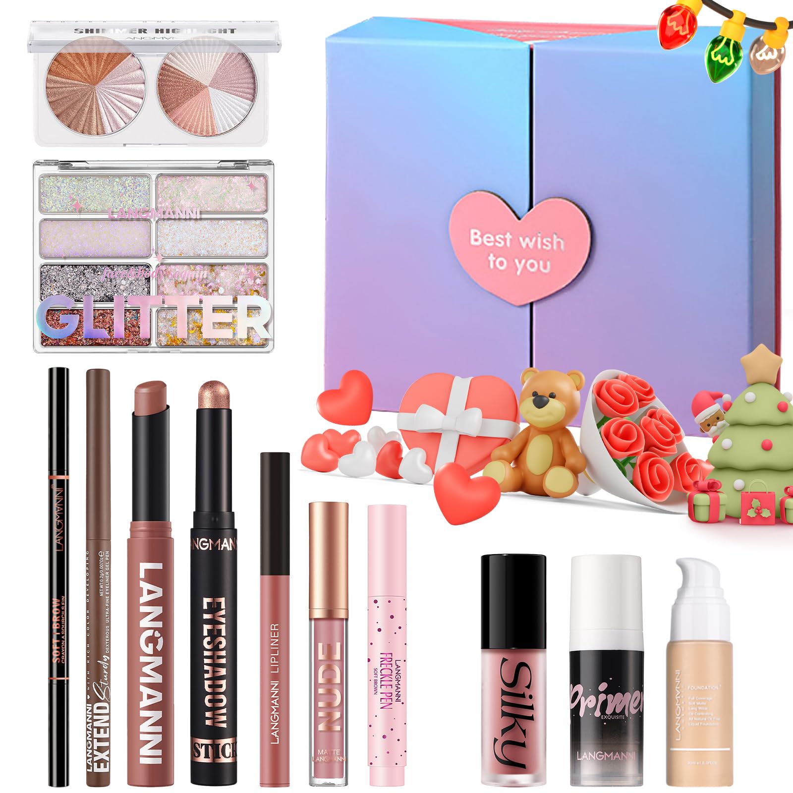 Set de regalo navideño de 12 piezas, kit completo de cosméticos con sombra de ojos, base de maquillaje, pintalabios, colorete y delineador de ojos, set de regalo sorpresa para el Día de la Madre