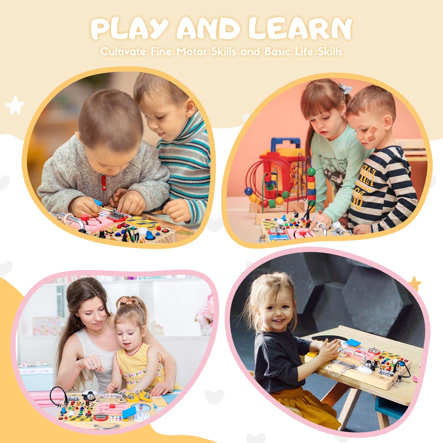 Busy Board with 13 LED Light Switches and 12 Activity, Montessori Toys for Toddlers, Wooden Toy Sensory Activity Board, Travel Toys for 1+ Year Old Boy & Girl Birthday Gift (25 in 1 Busy Board)