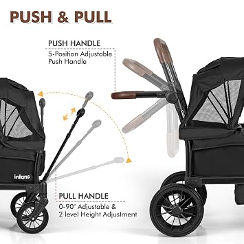 INFANS Wagon Stroller for 2 Kids, Collapsible Adjustable Push Pull Handle Bar, 2 Seater Stroller Wagon with Removable Canopy Snack Tray, Comfortable Drop-Down footwell and Upholstered Seats