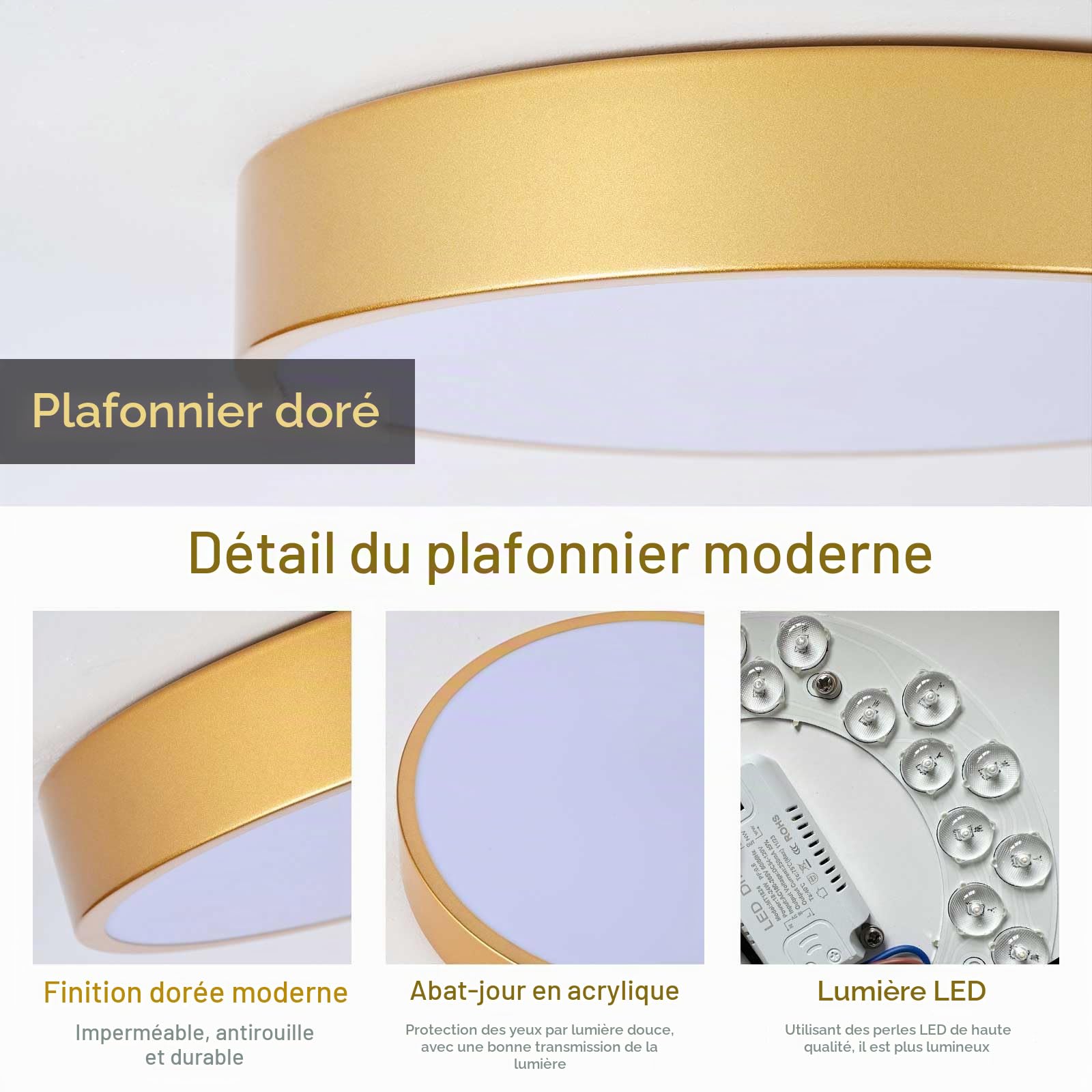 Or Plafonnier LED,Ø40Cm MéTal 30W Luminaires IntéRieur Dimmable Avec ContrôLe Cuisine Lampe Rond Moderne plafonnier salon Pour Garage Atelier