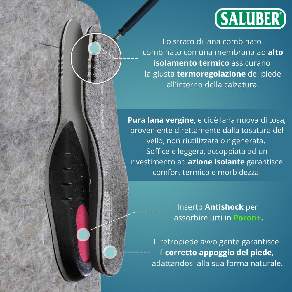 Solette Saluber Active Thermo 463, Pura Lana Vergine con membrana Isolante, Tecnologia Poron+ Ammortizzante, Solette Termiche ad Azione Defaticante, Uomo e Donna, Assorbono Shock (43)