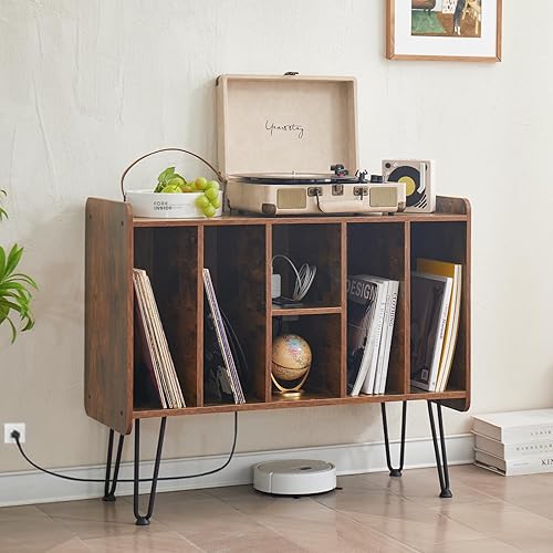 Miniatura 2 de Soporte grande para tocadiscos con almacenamiento de vinilo, mesa de tocadiscos con toma de corriente, capacidad para hasta 200 álbumes, soporte