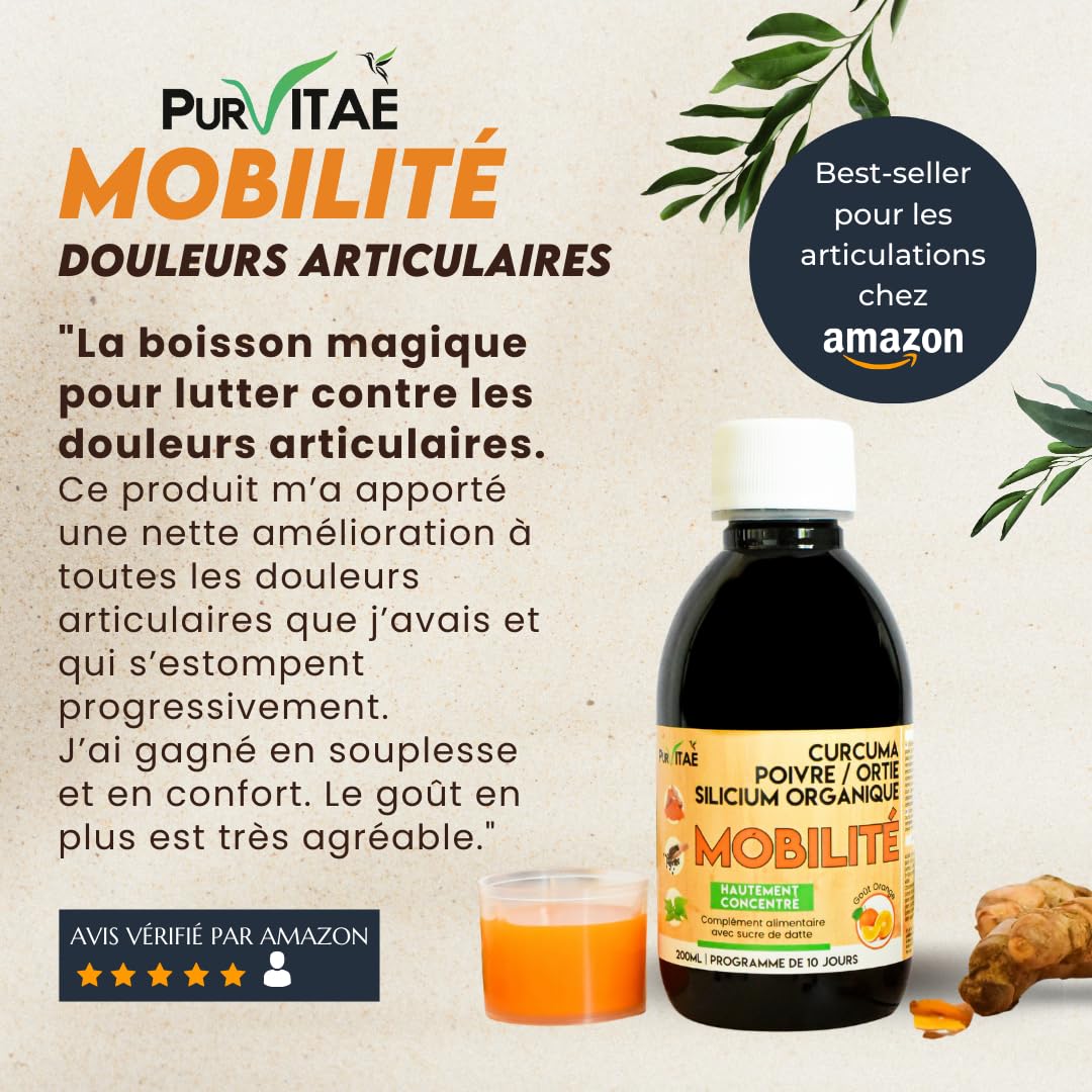 Mobilité XL Articulations Pur Vitaé – Curcuma + MSM + Glucosamine + Chondroïtine + Silicium Organique – Tendons, Cartilage & Inflammation – Hautement Concentré – Goût Orange – 500 ml