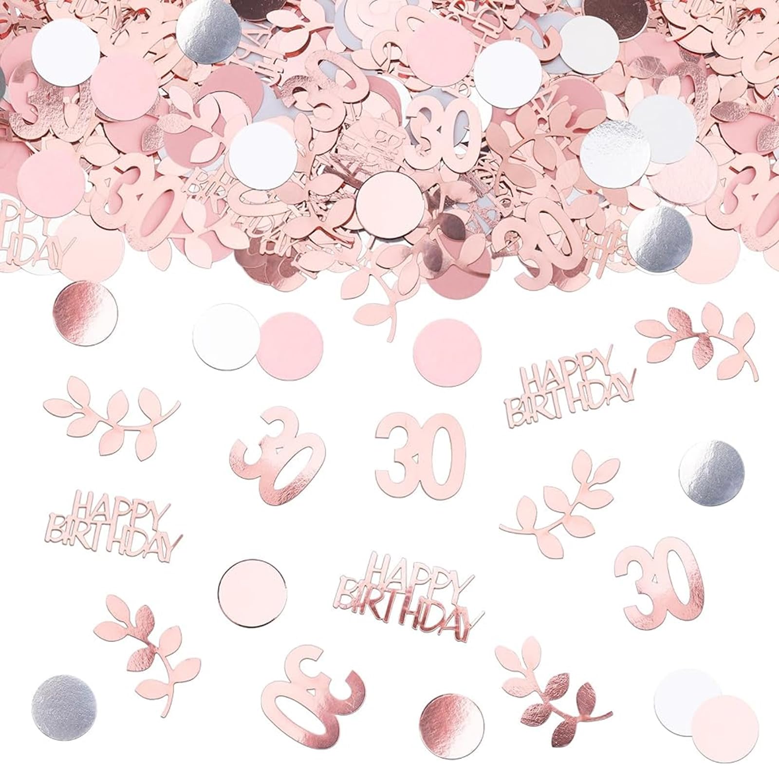 Bolosa 30th Birthday Confetti 200pcs Pink Cardstock Table Scatter, Rose Gold Number 30 & Happy Birthday Cut-Outs, Decorations for Women, Her, Cake Tables, Gift Bags, Cards & Invitations