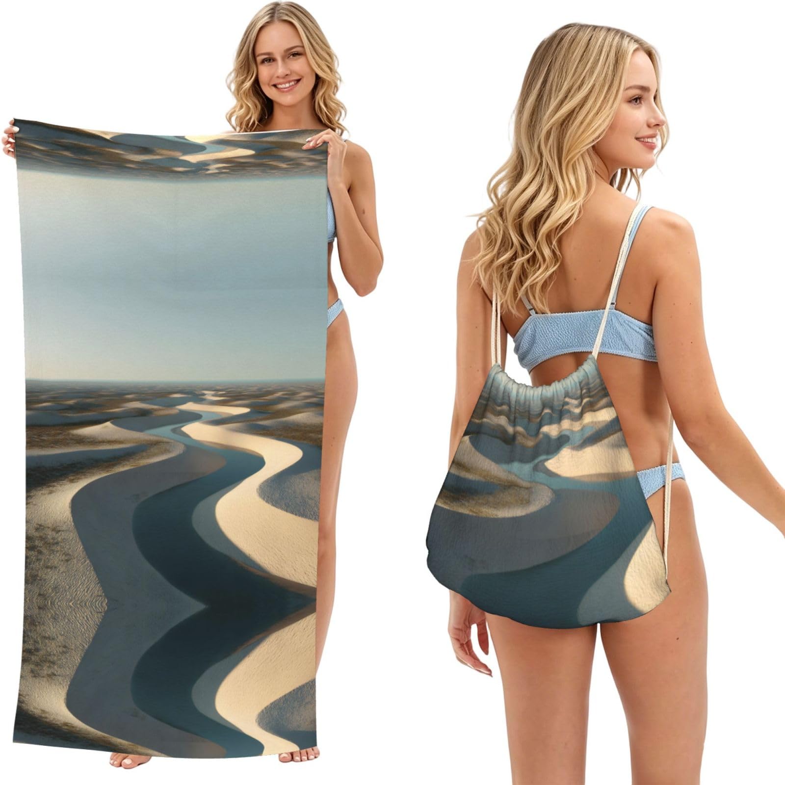 ESNAIUVCD River Sand Dunes Print Beach Towel For Adults,Towel With Drawstring Bag, Travel Pool Swimming Sports Shower Sand Free Quick Dry Bath Towel For Pool, Beach, Yoga- 180x60cm