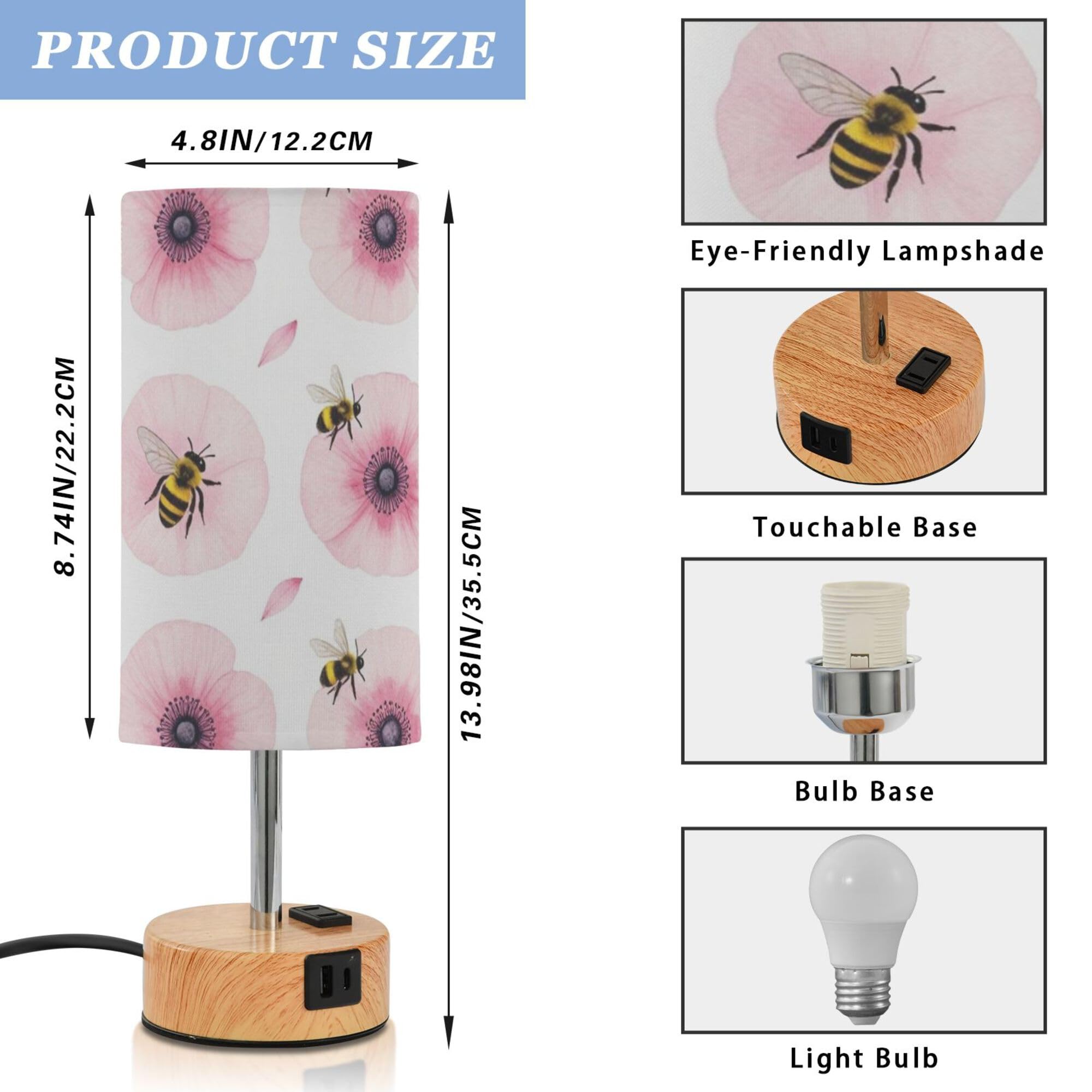 Yuiboo Blush Anemone Bee Print Lampy stołowe z portami USB C+A 3 temperatury barwowe do stojaków nocnych