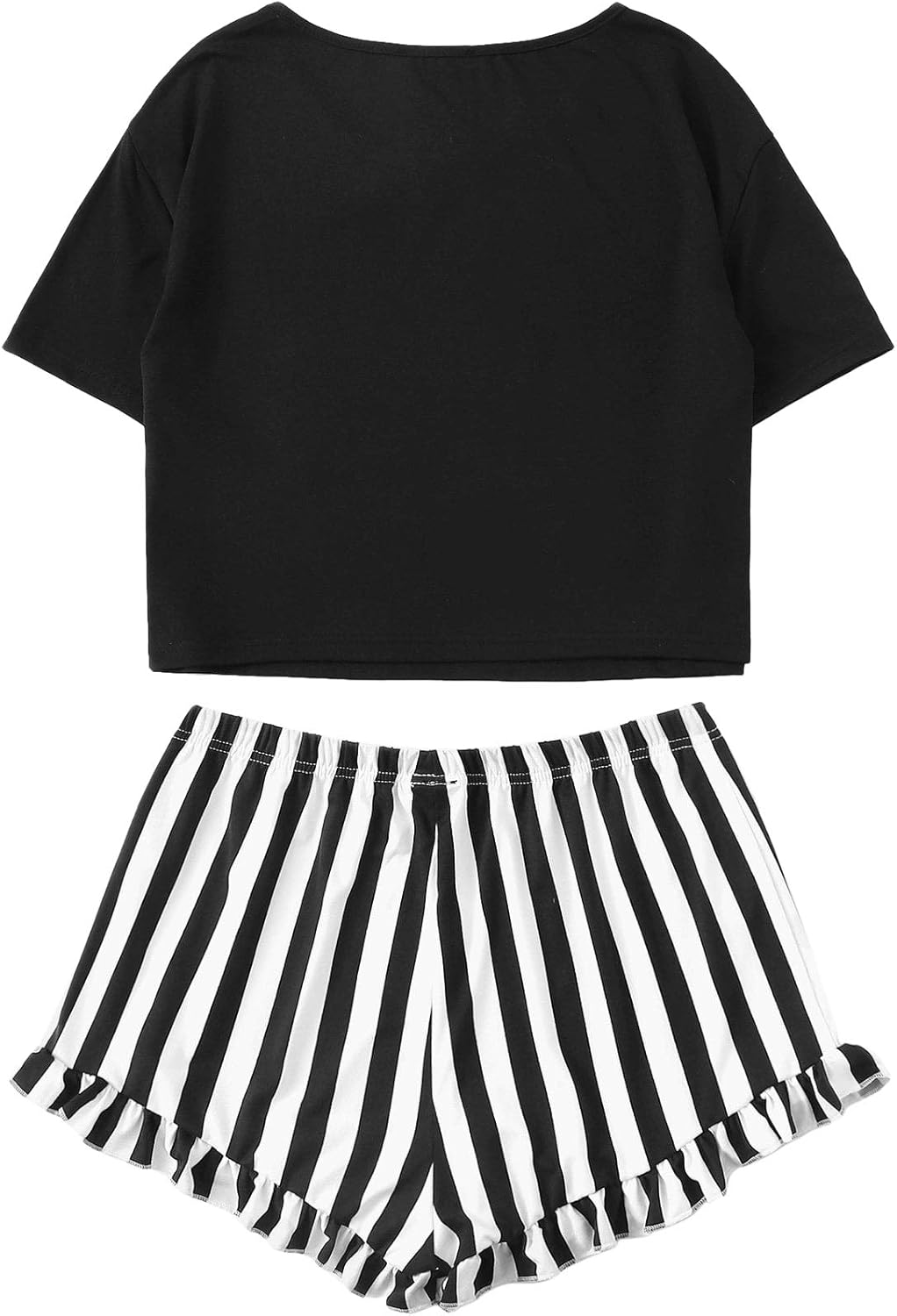 WDIRARA Women's 2 Piece Pajama Set Tee and Striped Shorts Cute Pjs Set Sleepwear Loungewear Outfits - Image 2