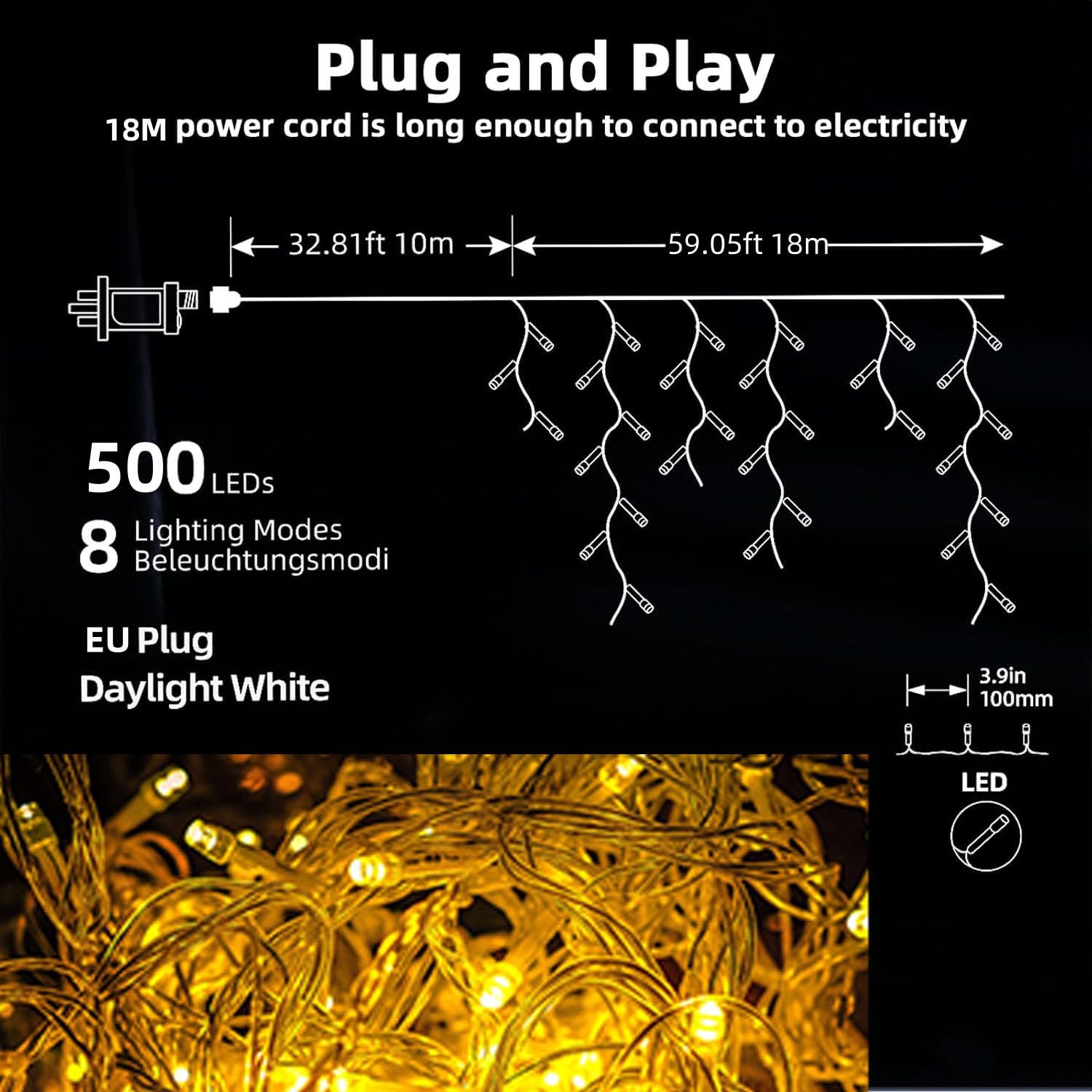 LEDYA Łańcuch świetlny z 500 diodami LED, do użytku na zewnątrz, 18 m, oświetlenie bożonarodzeniowe, ciepła biel, wodoszczelna, z 8 trybami pracy i timerem, do okien, okapów, przedsionków, poręczy