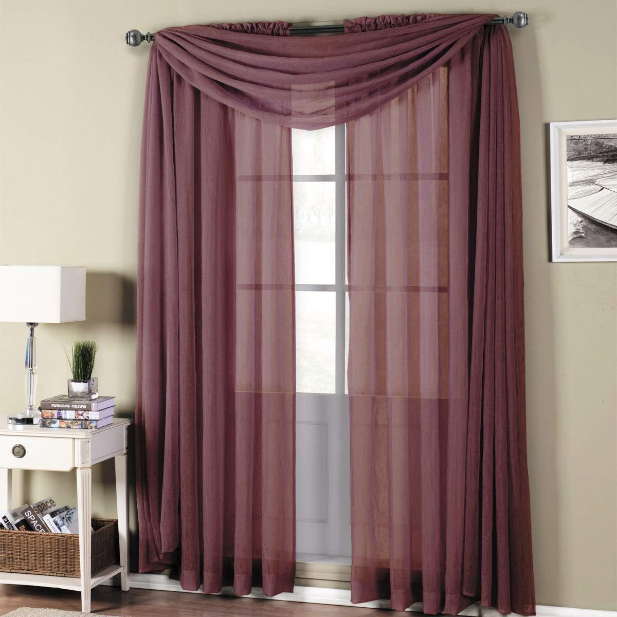 Solid Abri Rod Pocket, 50-Inch Wide x 120-Inch Long Crushed Sheer Curtain Panel, Eggplant