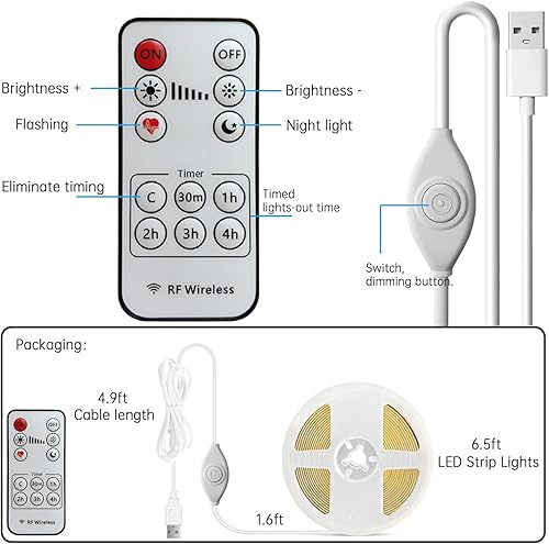 Miniatura 6 de Tira de luces LED, tira de luz LED COB de 6.56 pies, 5 V, regulable, con control remoto, alimentada por USB, tira de luz LED para retroiluminación