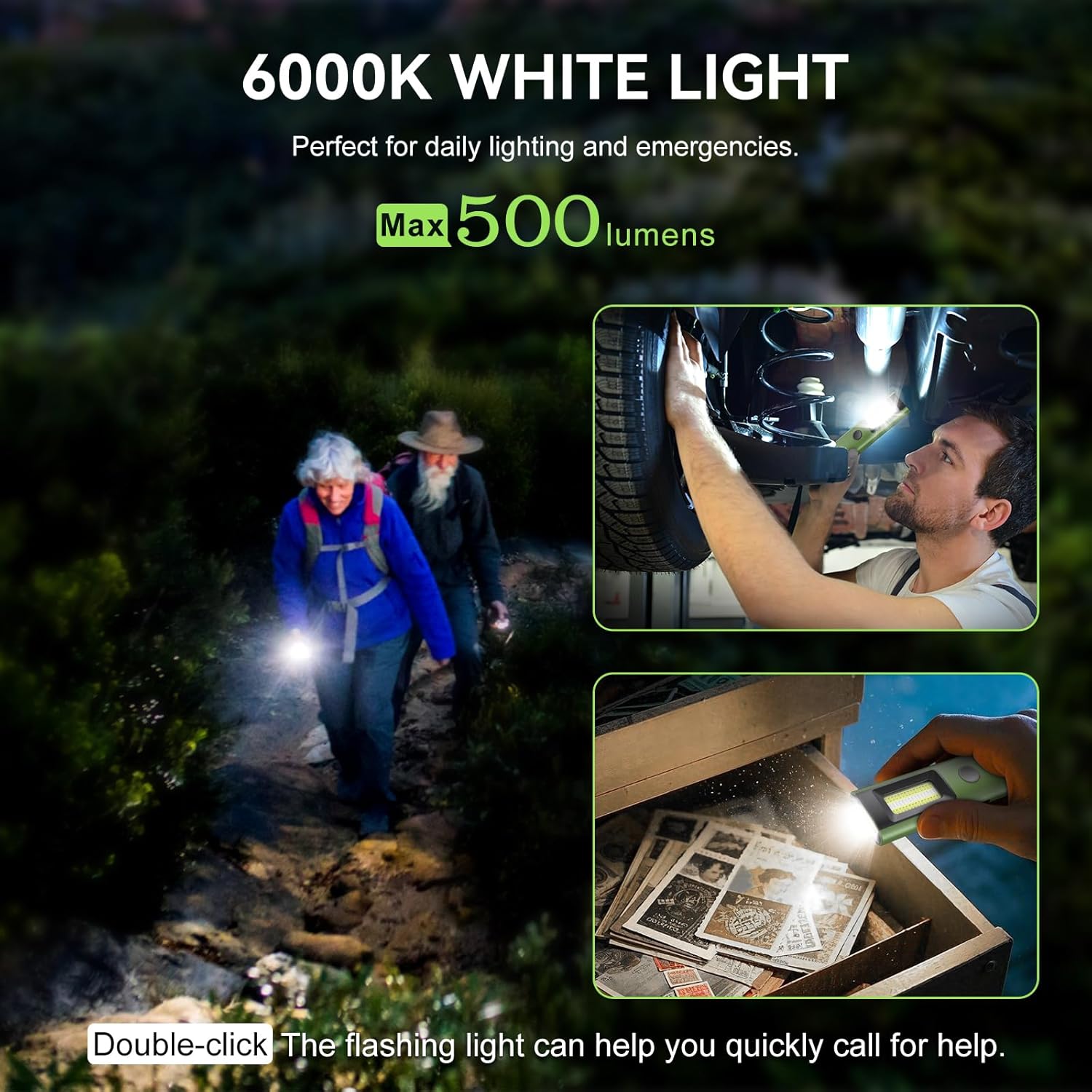 Handheld Pro Rechargeable EDC Flat Flashlight with Green Beam, UV and White LED Combo, 800 Lumens Portable Pocket Lights with Magnet/Bag for Outdoors Travel Camping (Green No Bag)