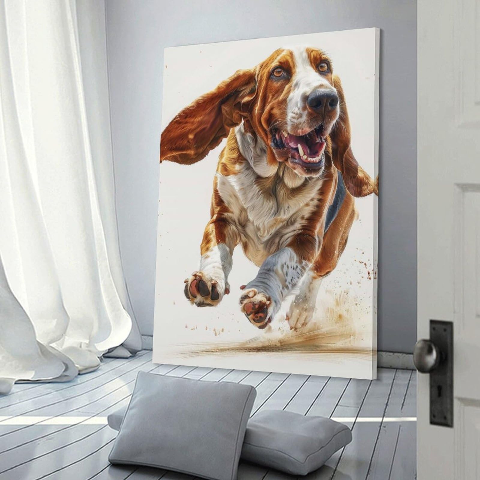 Junmoney Hanging Wall Art Basset Hound Running, 24x36inch(60x90cm), for Wall Displays, Bedrooms Or Room Updates, Wall Decor Suited to Curated Displays