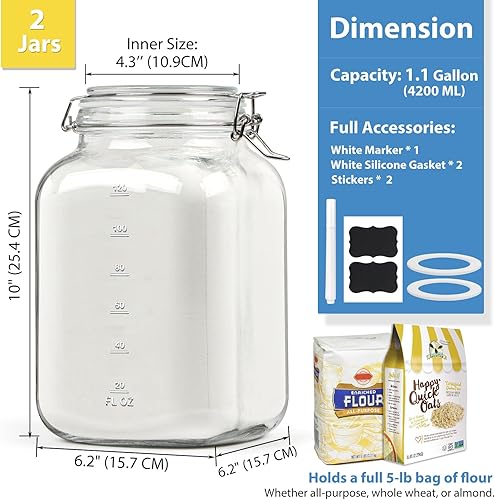 Miniatura 2 de Paquete de 2 tarros cuadrados de vidrio de boca ancha de 1 galón con tapas herméticas, tarros de almacenamiento de vidrio con 2 marcas de medición,