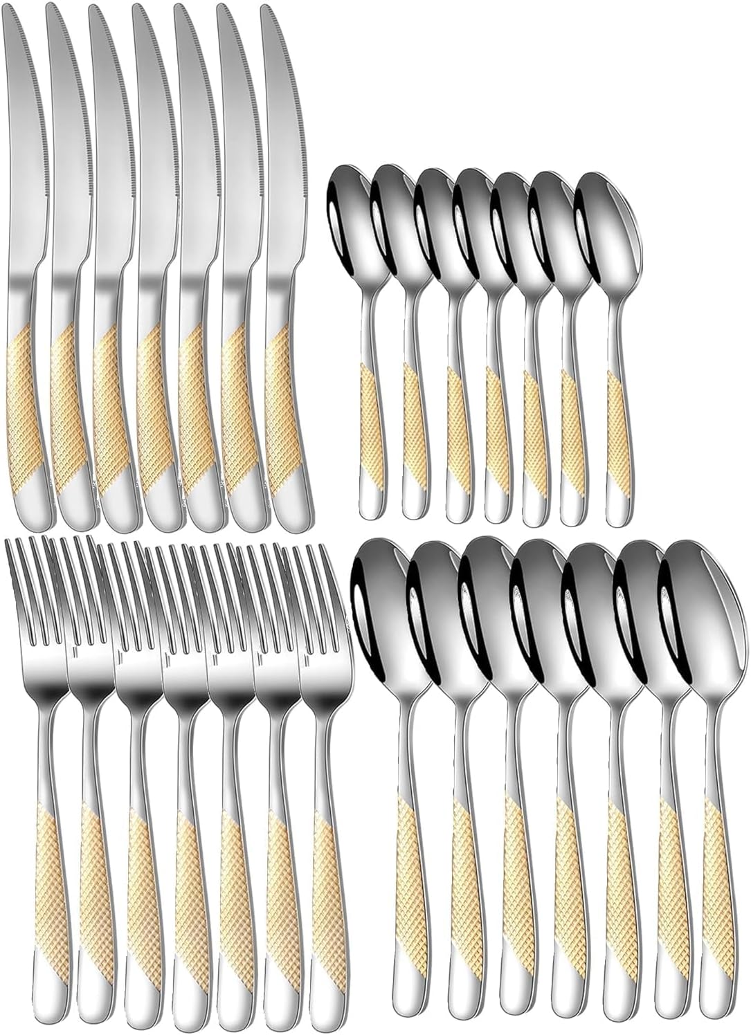 Mirror Finish Gold Plated Stainless Steel Flatware Set Copper Silverware Set Rose Gold Spoon Color Cutlery Set [Dinner Fork-Tea Spoon-Salad Spoon-Knife] Set of (Golden DOT, 28)